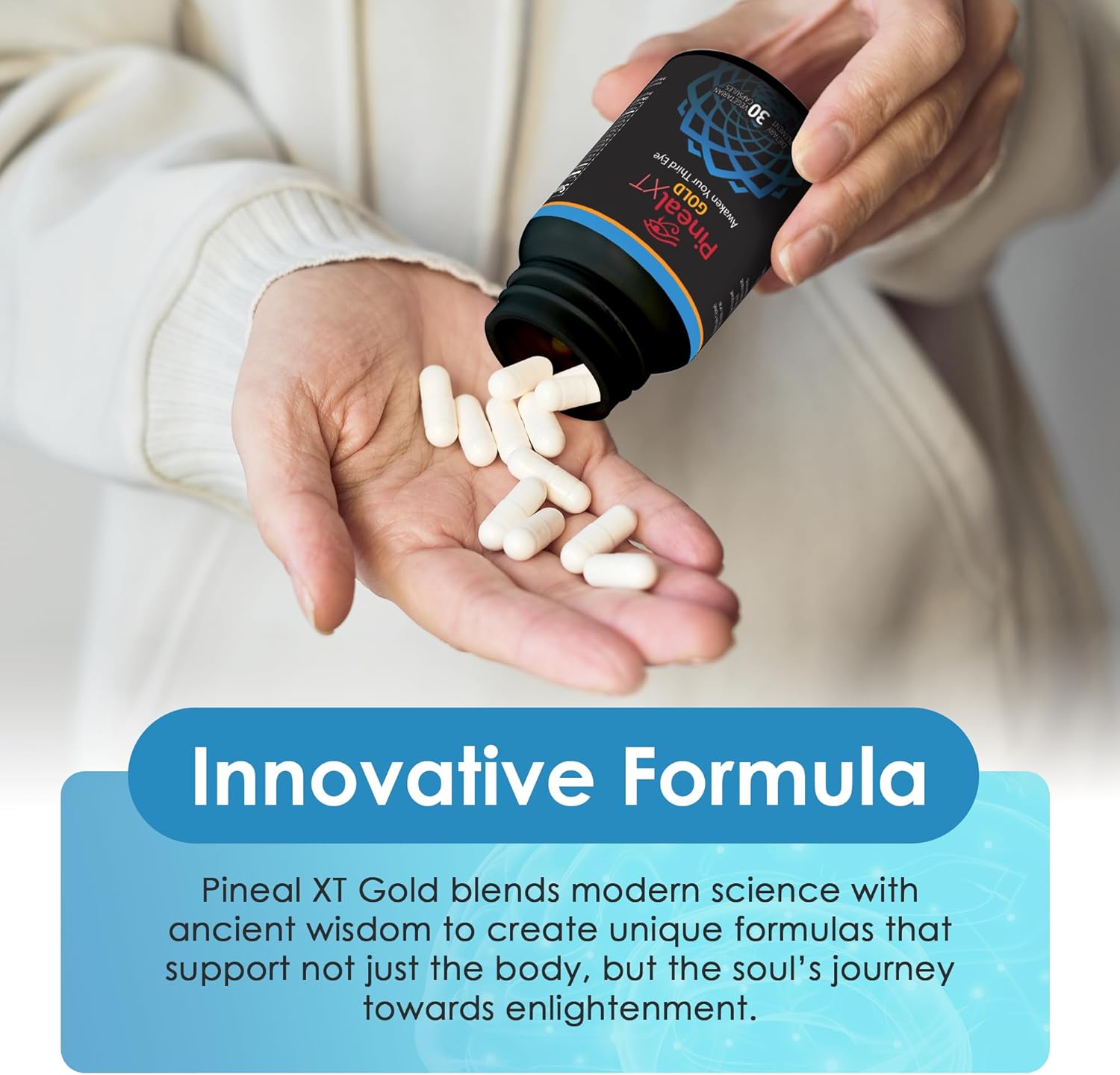 Highlights the unique blend of modern science and ancient wisdom in the product's formula, emphasizing its holistic approach to supporting both body and spiritual wellness.