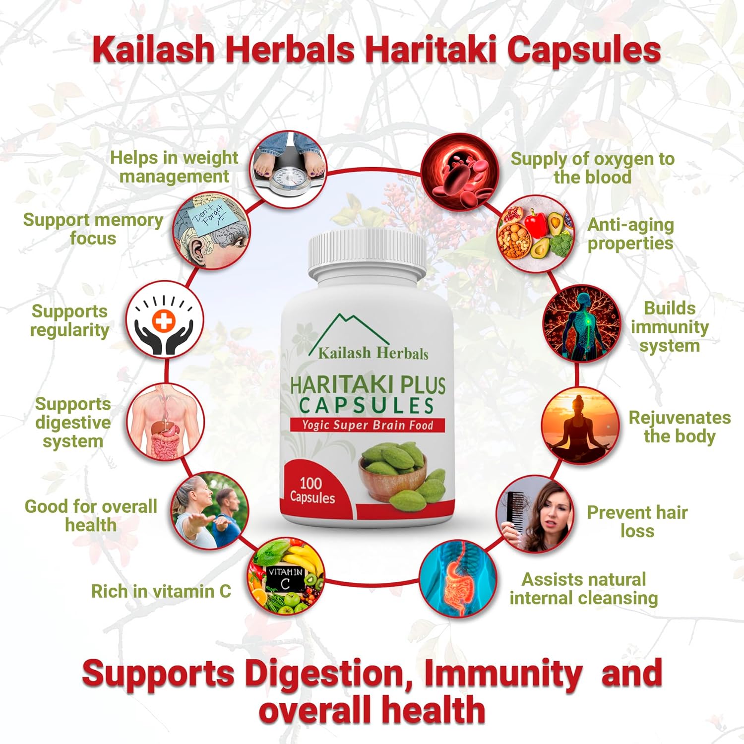 Showcases multiple health benefits of Kailash Herbals Haritaki Capsules to demonstrate its versatility as a supplement for overall wellness.