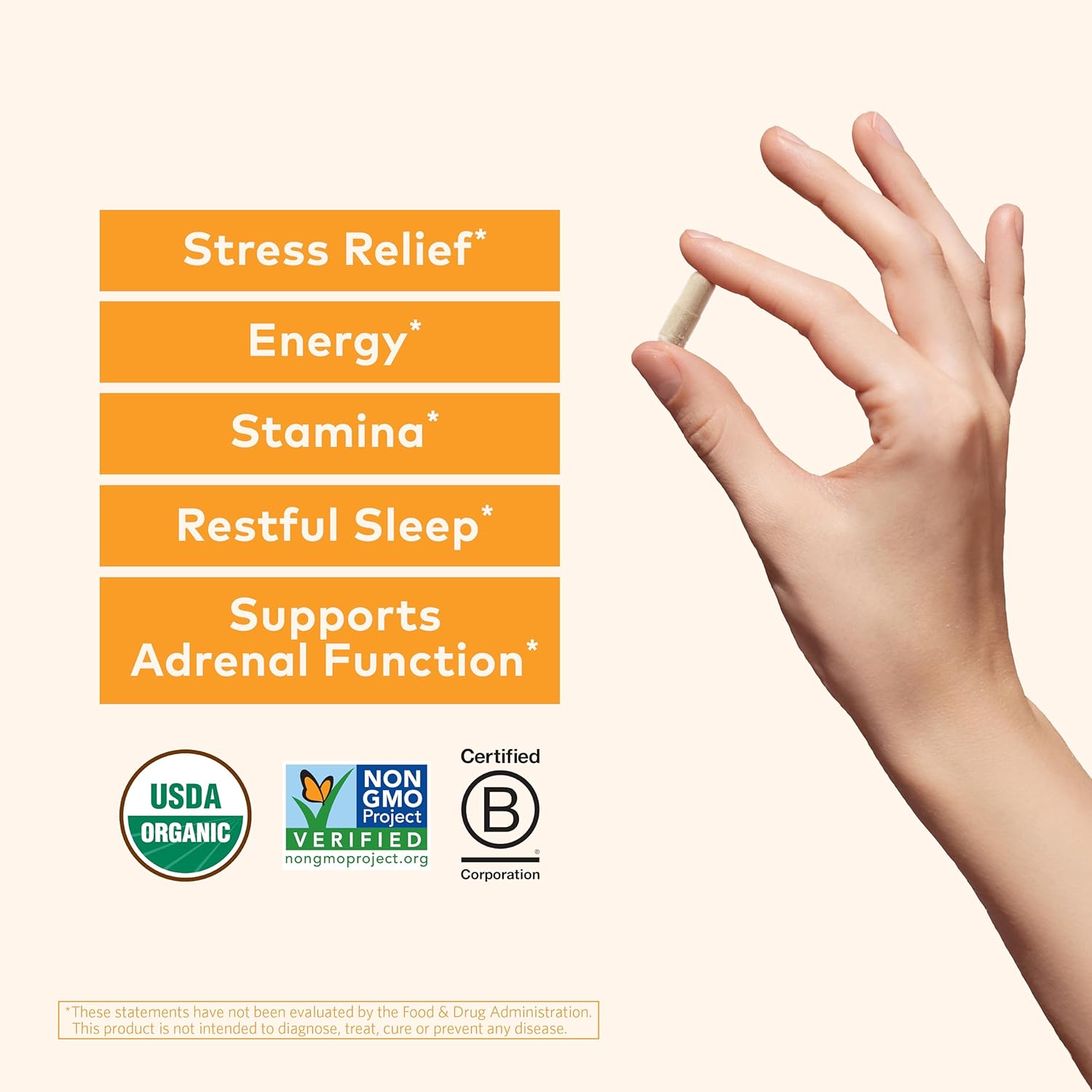 Highlights multiple health benefits of the supplement to show its comprehensive effects on overall wellbeing and stress management. Emphasizes product certifications to reassure customers about the…