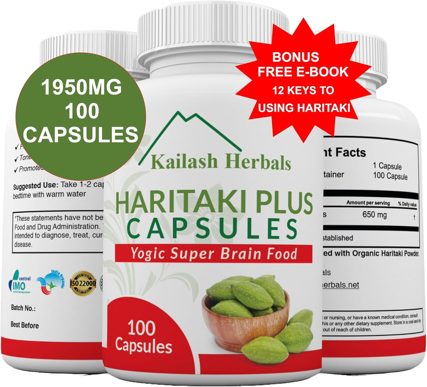 Highlights the bonus e-book and large quantity of capsules included to demonstrate value to the customer. Emphasizes the high dosage and quantity of capsules to convey potency and value.