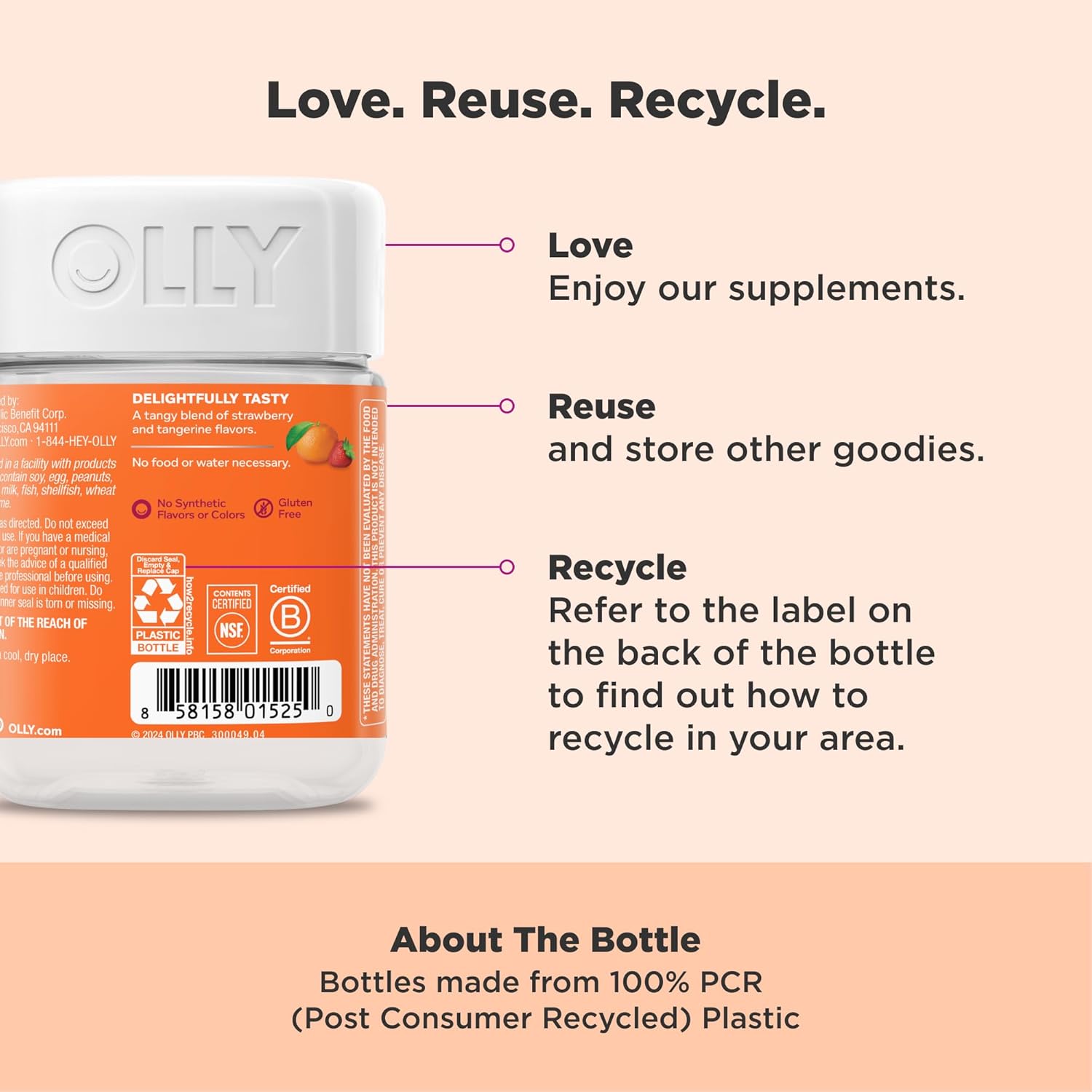 Educates customers on how to use, reuse, and recycle the product, emphasizing the brand's commitment to sustainability. Highlights the product's use of 100% PCR (Post Consumer Recycled) Plastic,…