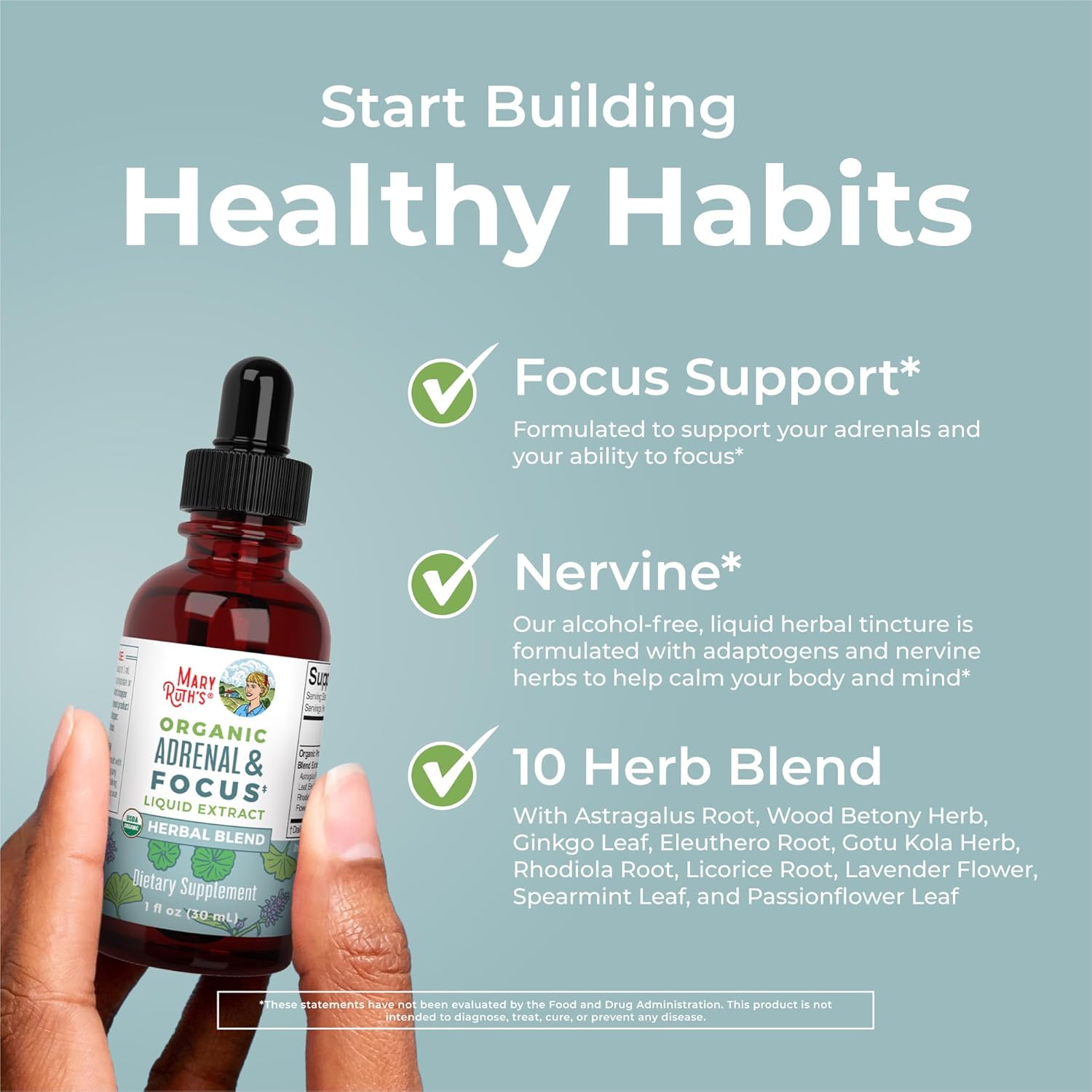Highlights multiple benefits of the product, including focus support, calming effects, and a diverse herbal blend to promote healthy habits.