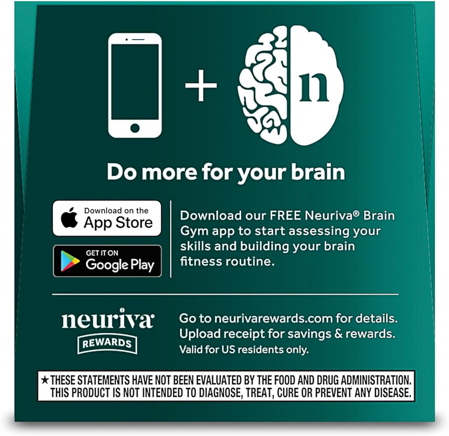 Guides customers on how to download and use the Neuriva Brain Gym app to improve cognitive skills. Shows that the app is compatible with both iOS and Android devices, ensuring wide accessibility.