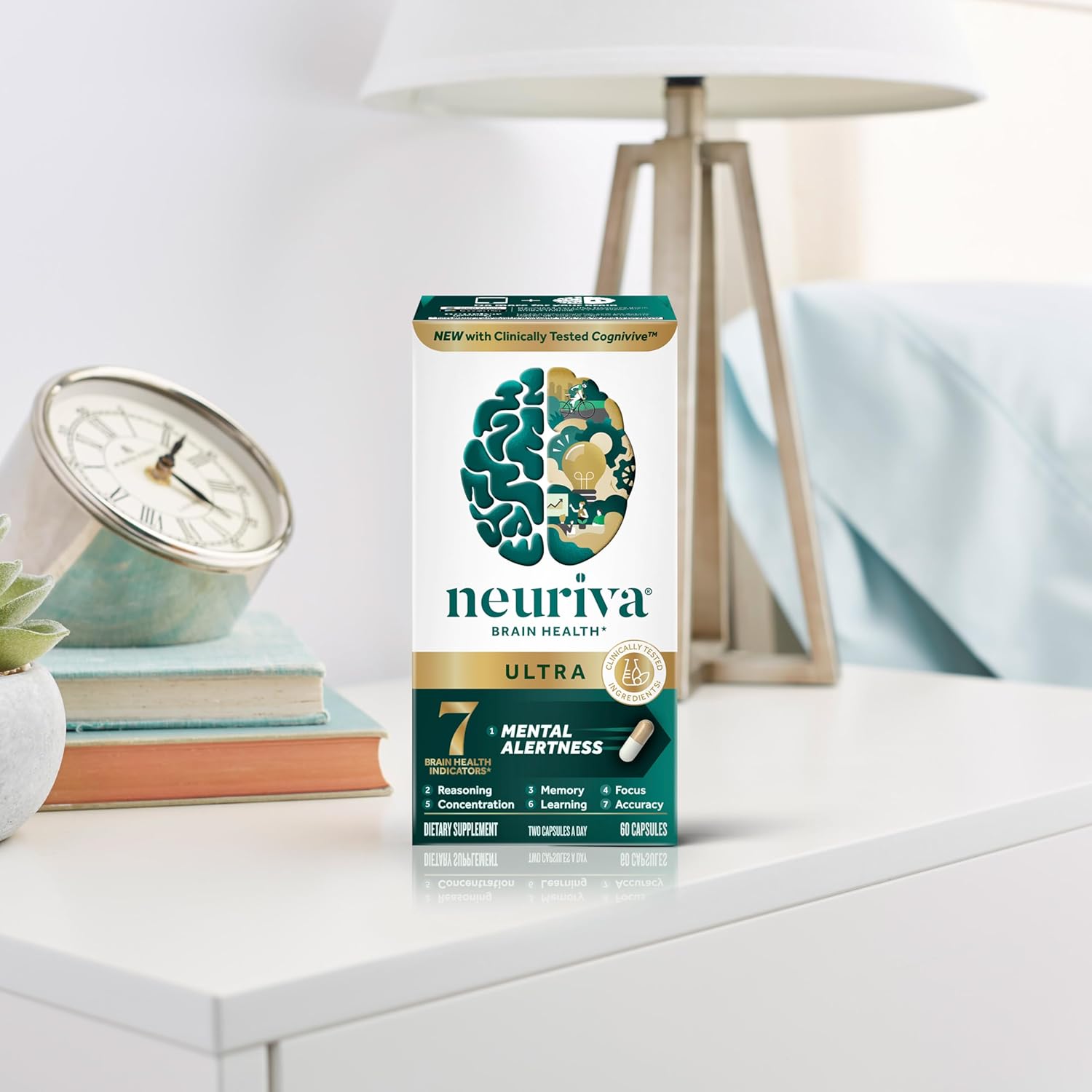 Highlights multiple brain health benefits of the product, including mental alertness and 7 brain health indicators, to demonstrate its comprehensive cognitive support.