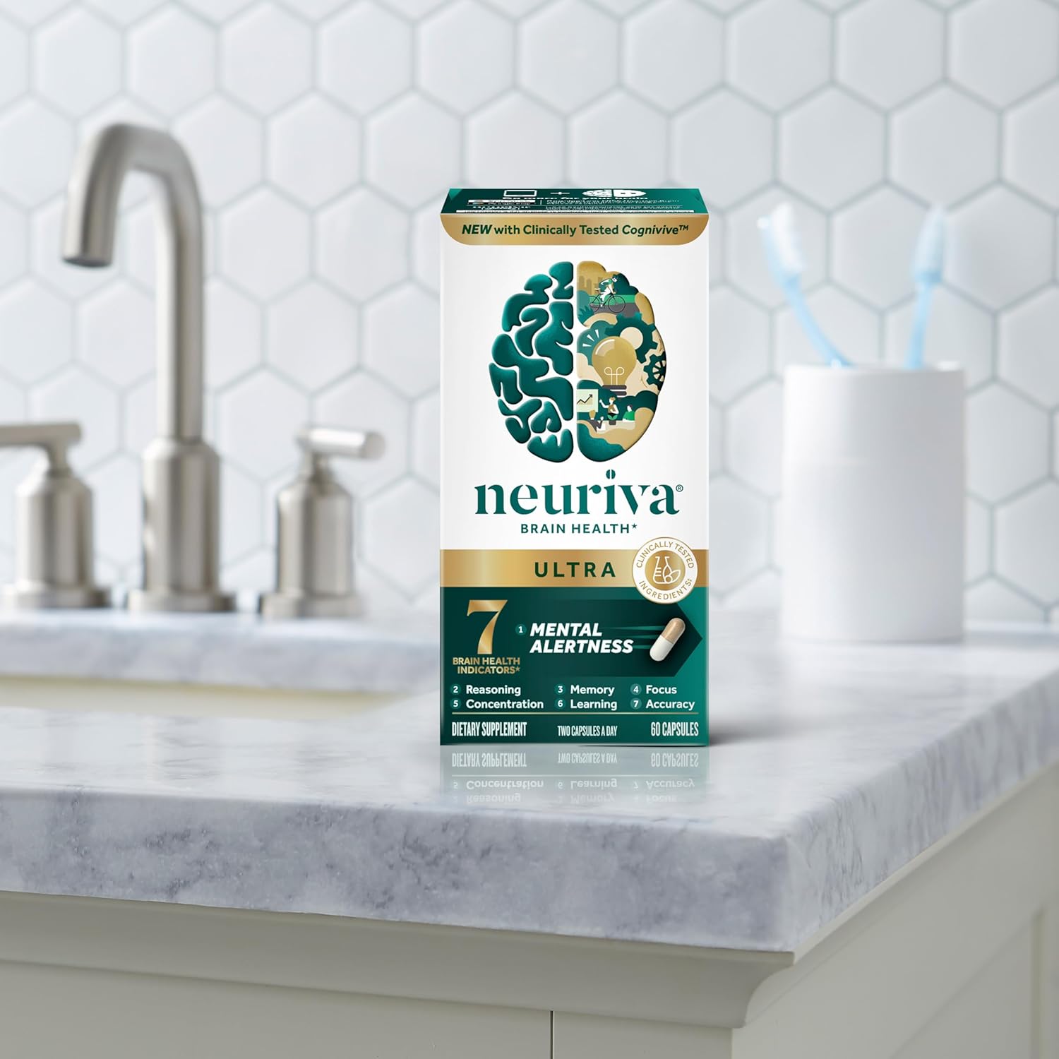 Highlights multiple cognitive benefits of the supplement, including mental alertness and 7 brain health indicators, to demonstrate its comprehensive approach to brain health.