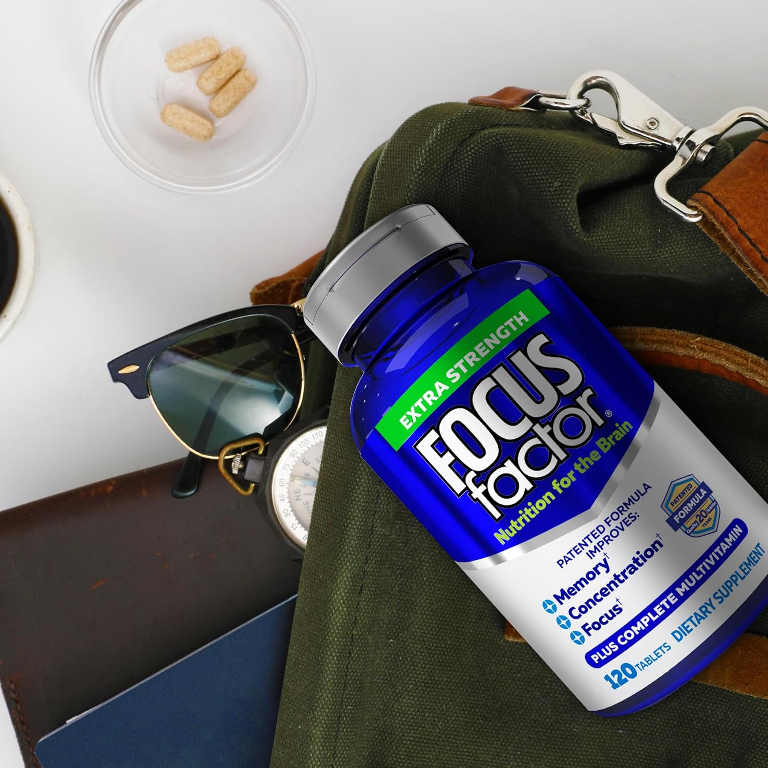 Demonstrates the product's portability and convenience for use while traveling or in various everyday situations. Highlights the product's enhanced potency for improved cognitive function.