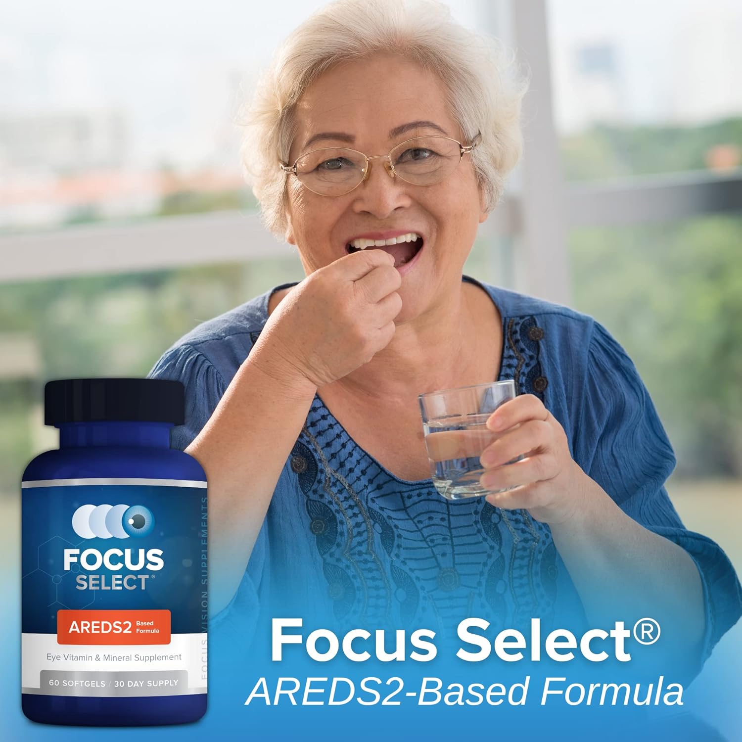 Highlights the product's focus on eye health for older adults, showing a happy senior taking the supplement.