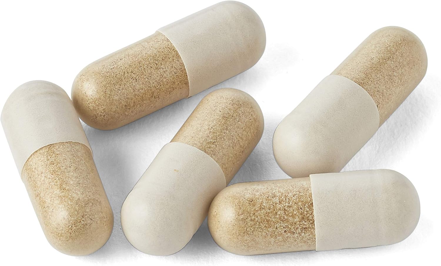 Showcases the unique two-tone design of the capsules, emphasizing the product's distinctive appearance and potentially its dual-action or time-release properties.
