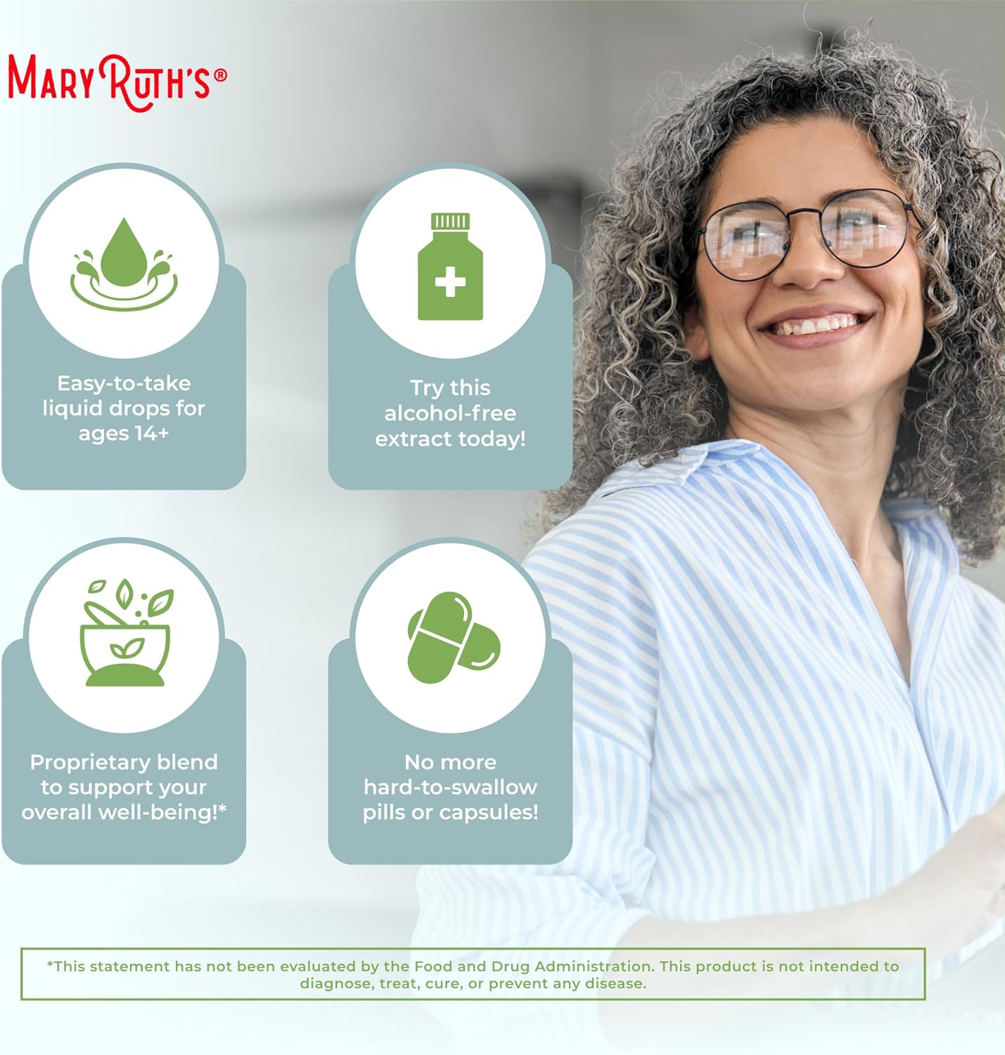 Highlights multiple benefits of the product, including its easy-to-use liquid form, alcohol-free composition, and proprietary blend for overall well-being.