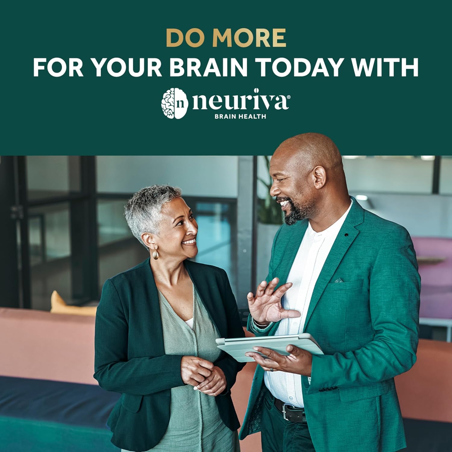 Promotes Neuriva as a brain health supplement to improve cognitive function, targeting professionals and older adults. Shows successful, well-dressed professionals to associate the product with…