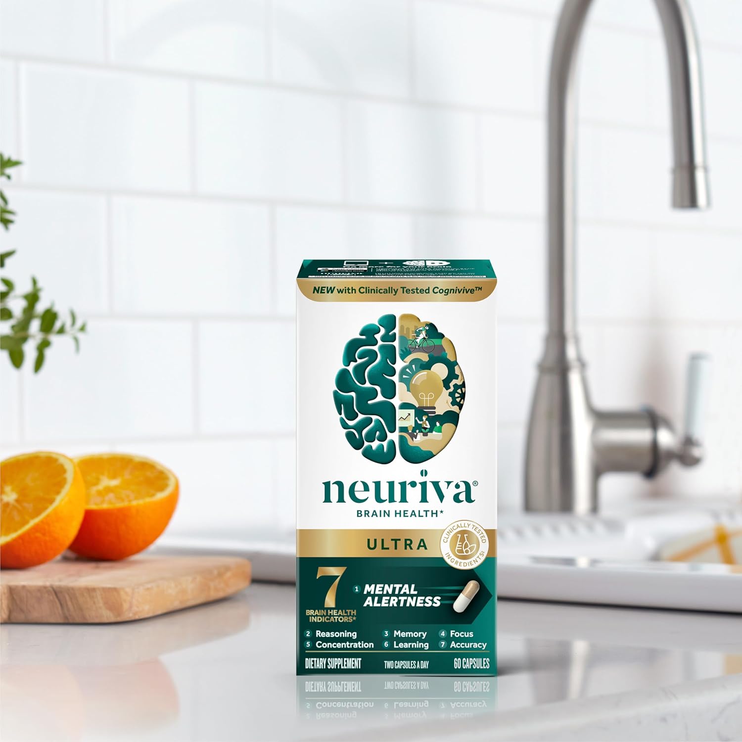 Highlights multiple brain health benefits of the product, including mental alertness, reasoning, memory, focus, concentration, learning, and accuracy.