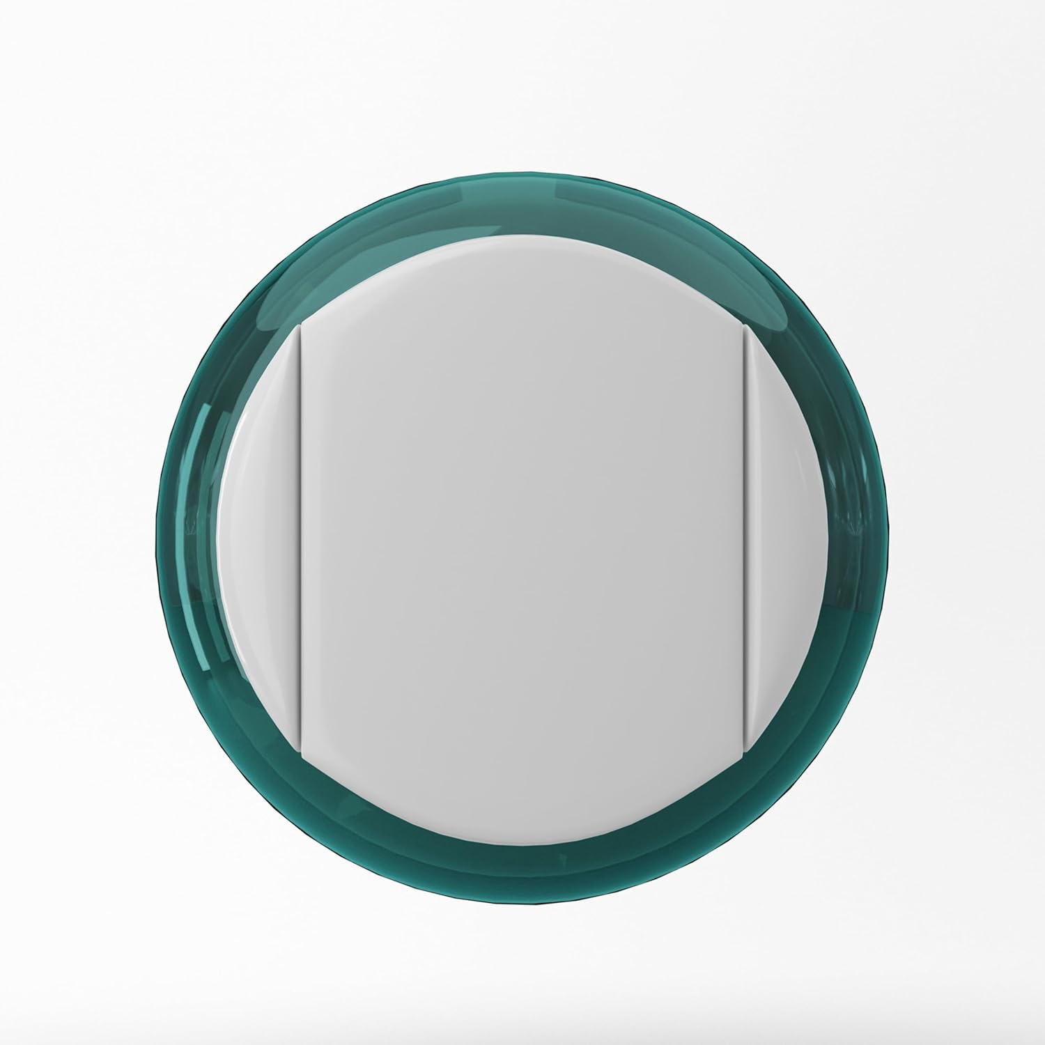 Highlights the product's distinctive circular shape with a teal border, emphasizing its aesthetic appeal.