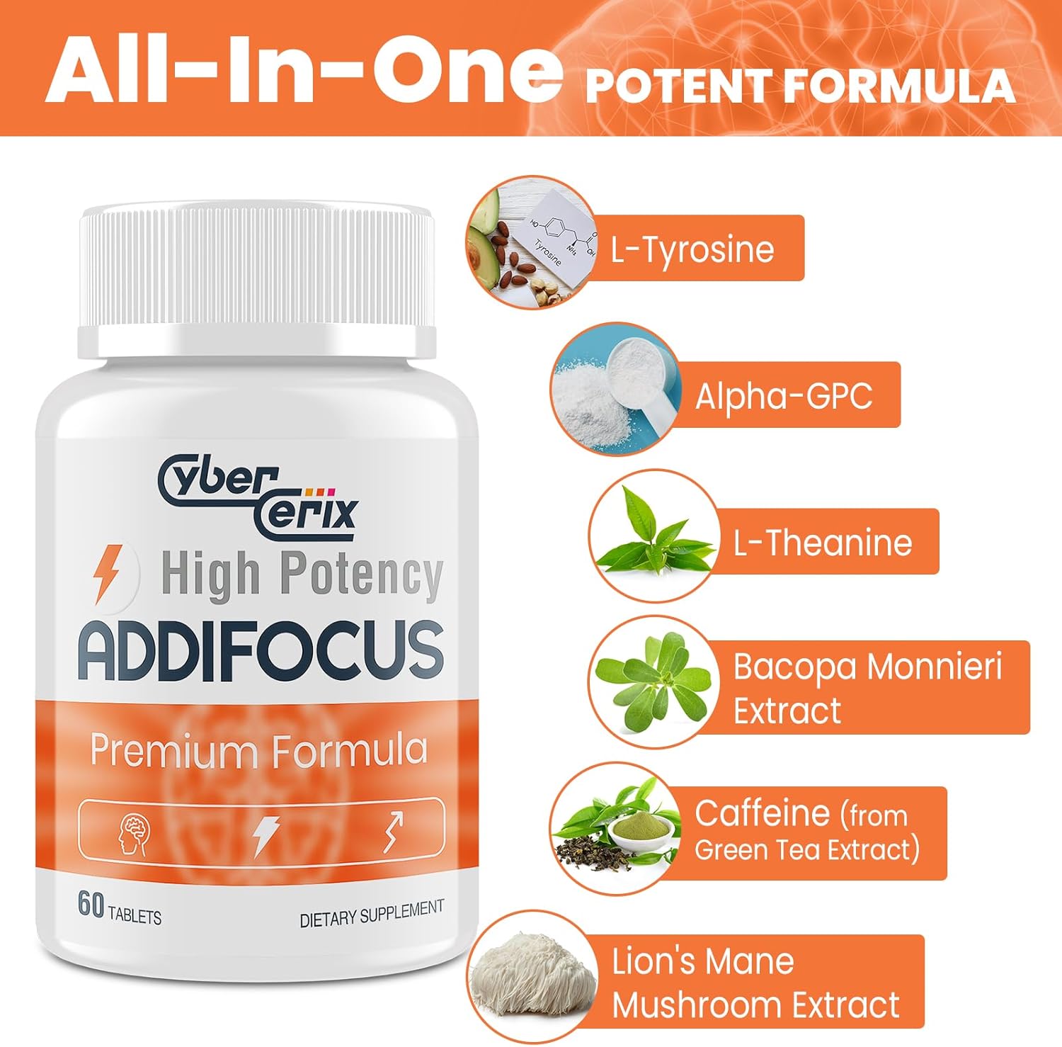 Showcases the various ingredients in the product to highlight its comprehensive and potent formula for focus and cognitive support.