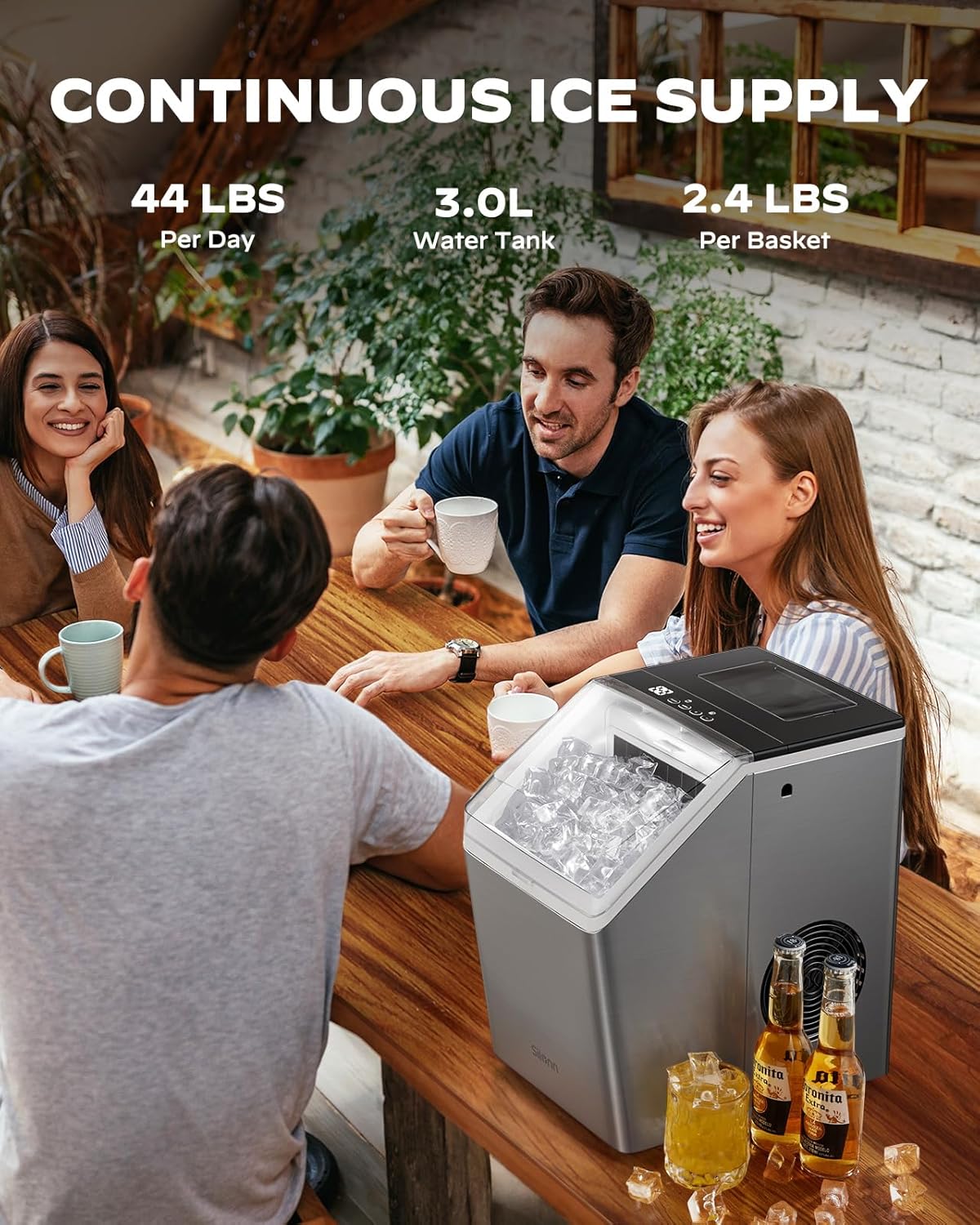 Highlights the ice maker's continuous supply capabilities, emphasizing its high daily ice production, large water tank, and substantial ice basket capacity.