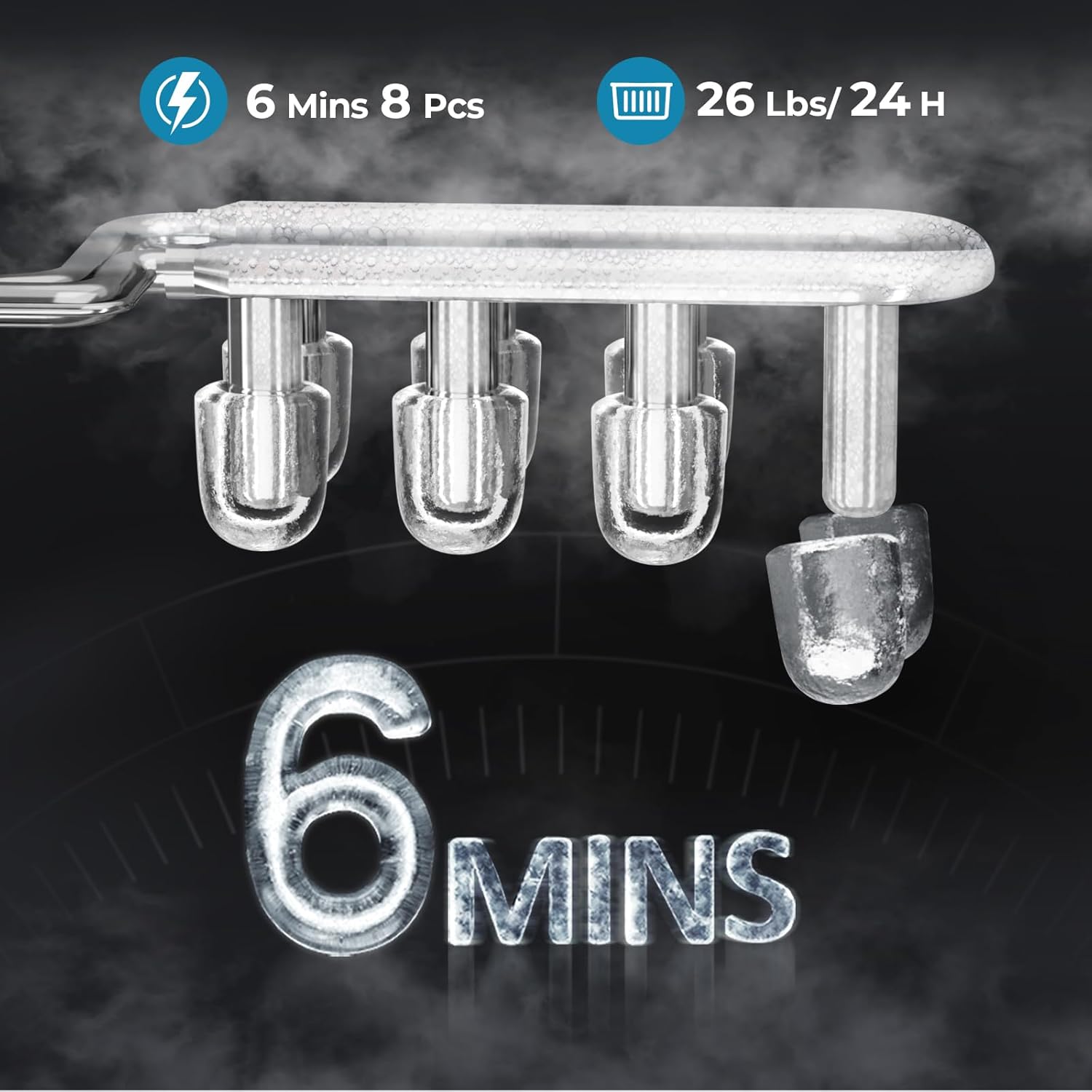 Highlights the product's quick ice-making speed and large daily ice production capacity to demonstrate efficiency and productivity.