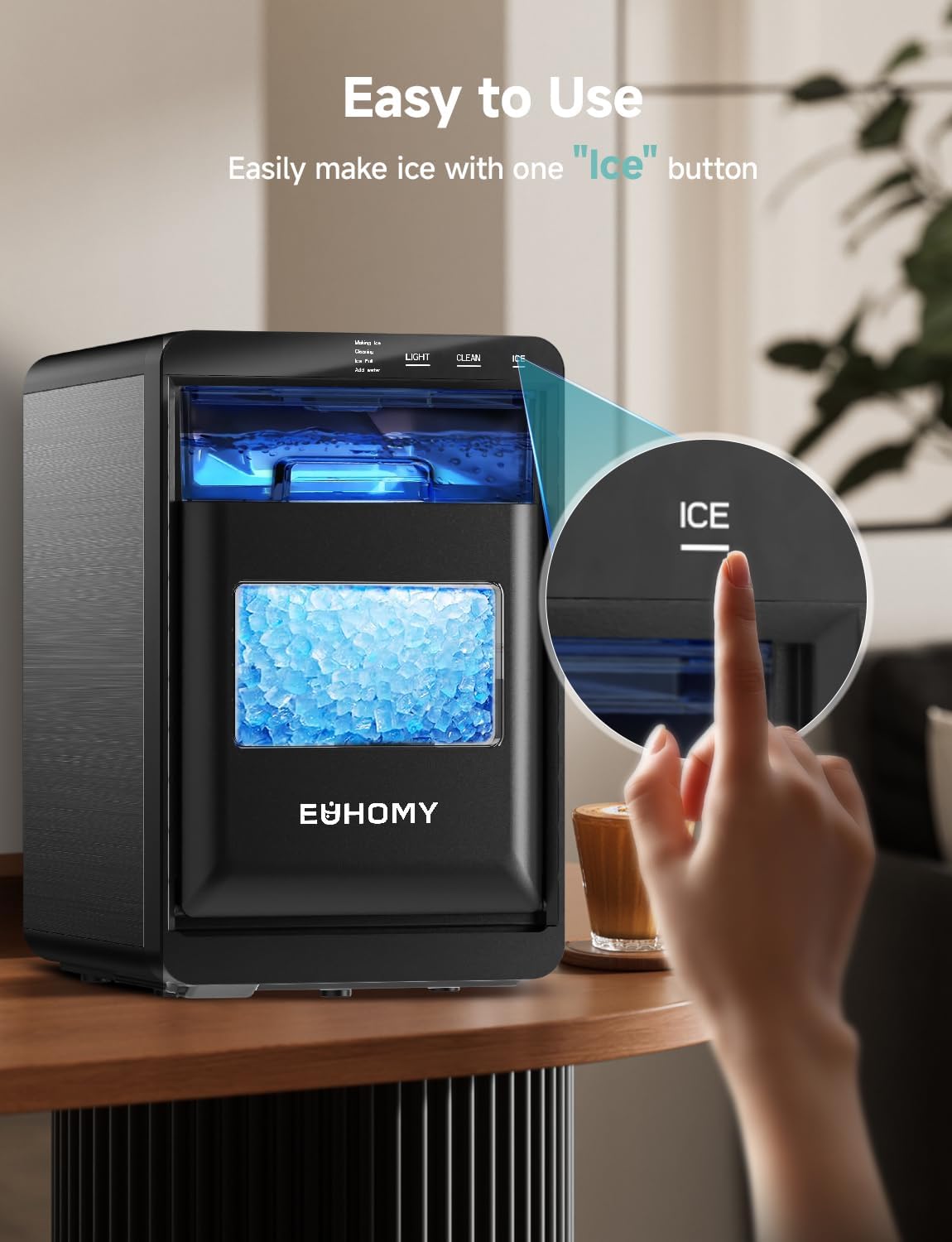 Highlights the ease of use by showing that ice can be made with just one button press, simplifying the product operation for users.