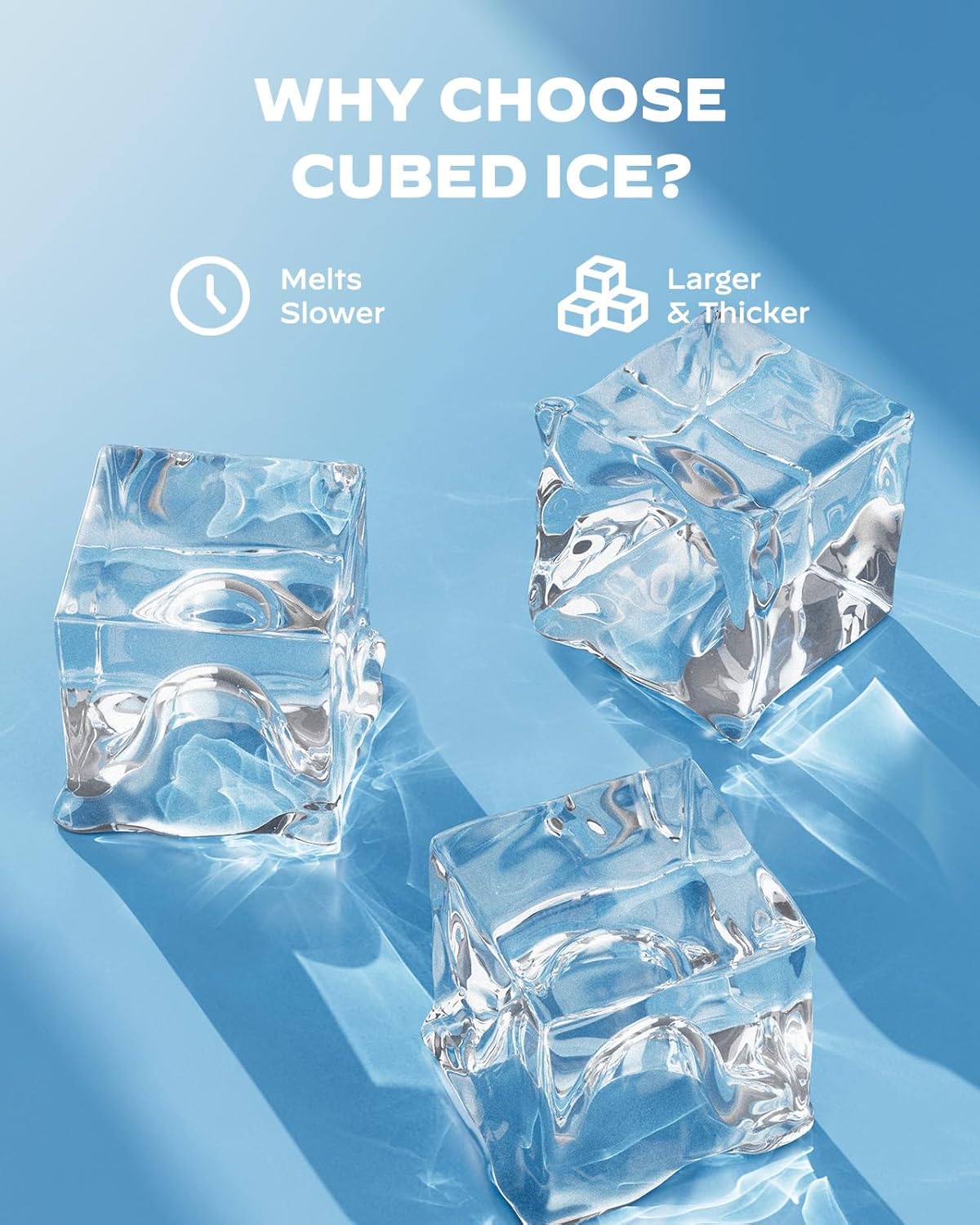 Highlights the advantages of cubed ice over regular ice, emphasizing its slower melting rate and larger size for better cooling performance.