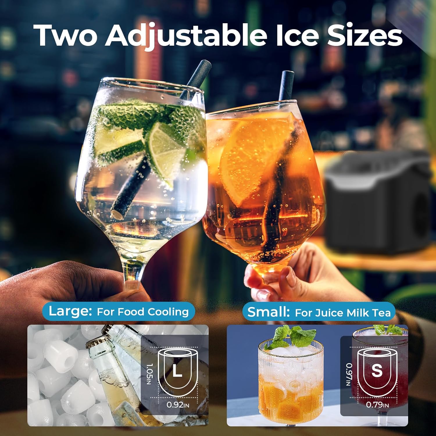 Highlights the product's ability to produce two different ice sizes for various drink applications, enhancing versatility.