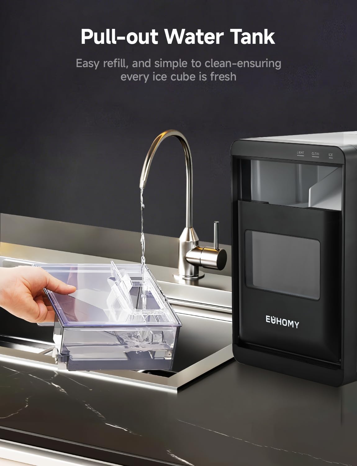 Highlights the easy-to-use water tank feature, emphasizing convenience in refilling and cleaning for fresh ice production.