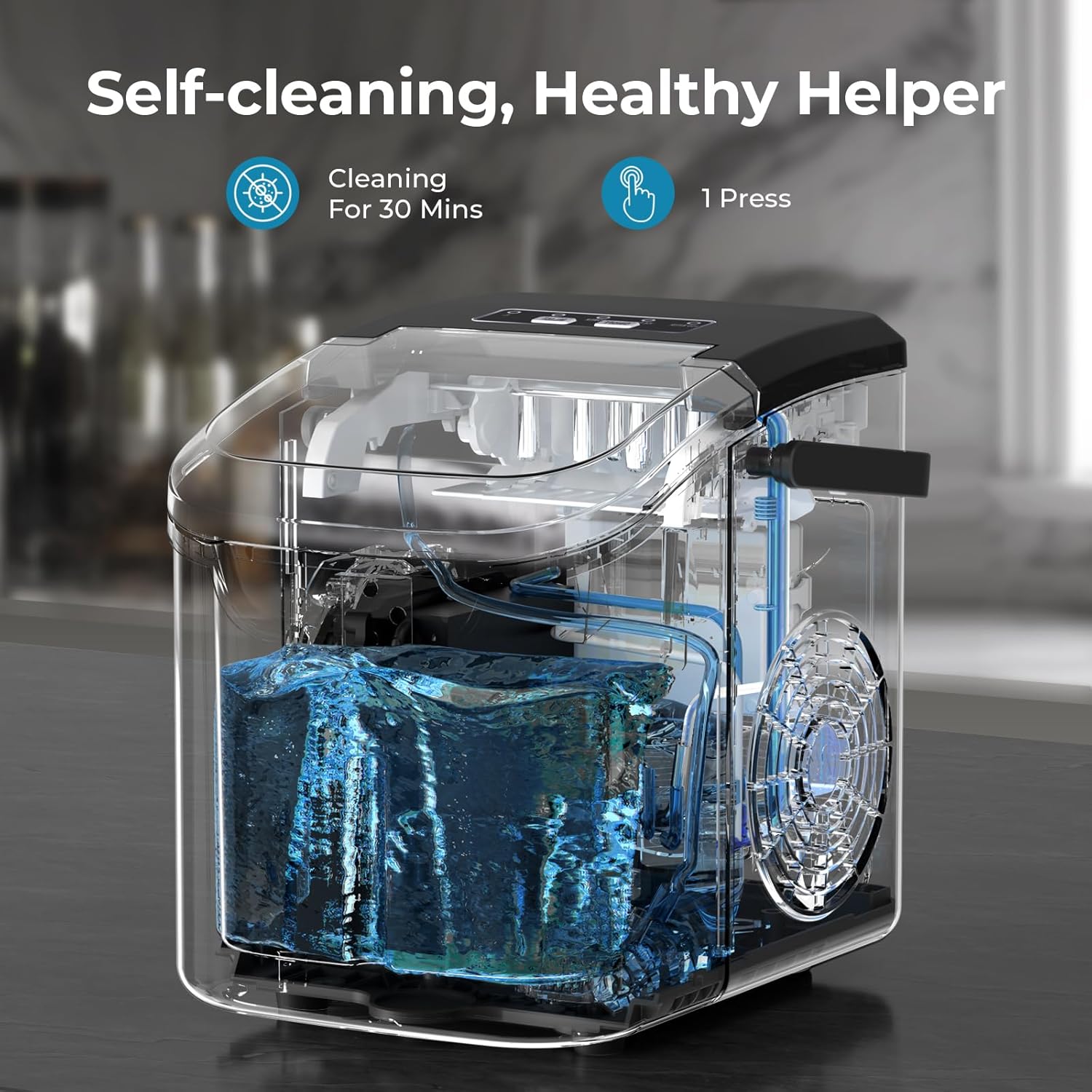Highlights the product's self-cleaning capability and ease of use, emphasizing its convenience and time-saving benefits.