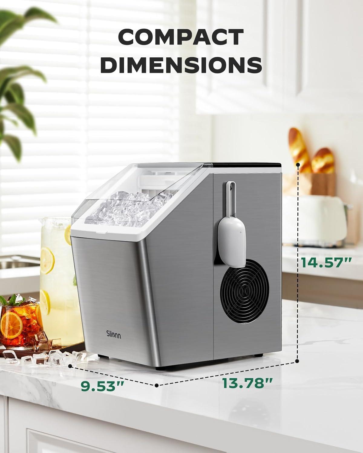 Demonstrates the product's small footprint to reassure customers it will fit easily on their countertop.