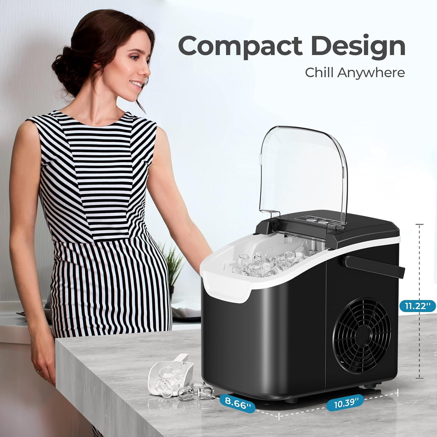 Emphasizes the product's small, portable size to show it can be used anywhere conveniently. Provides exact measurements of the product to give shoppers a clear understanding of its size.