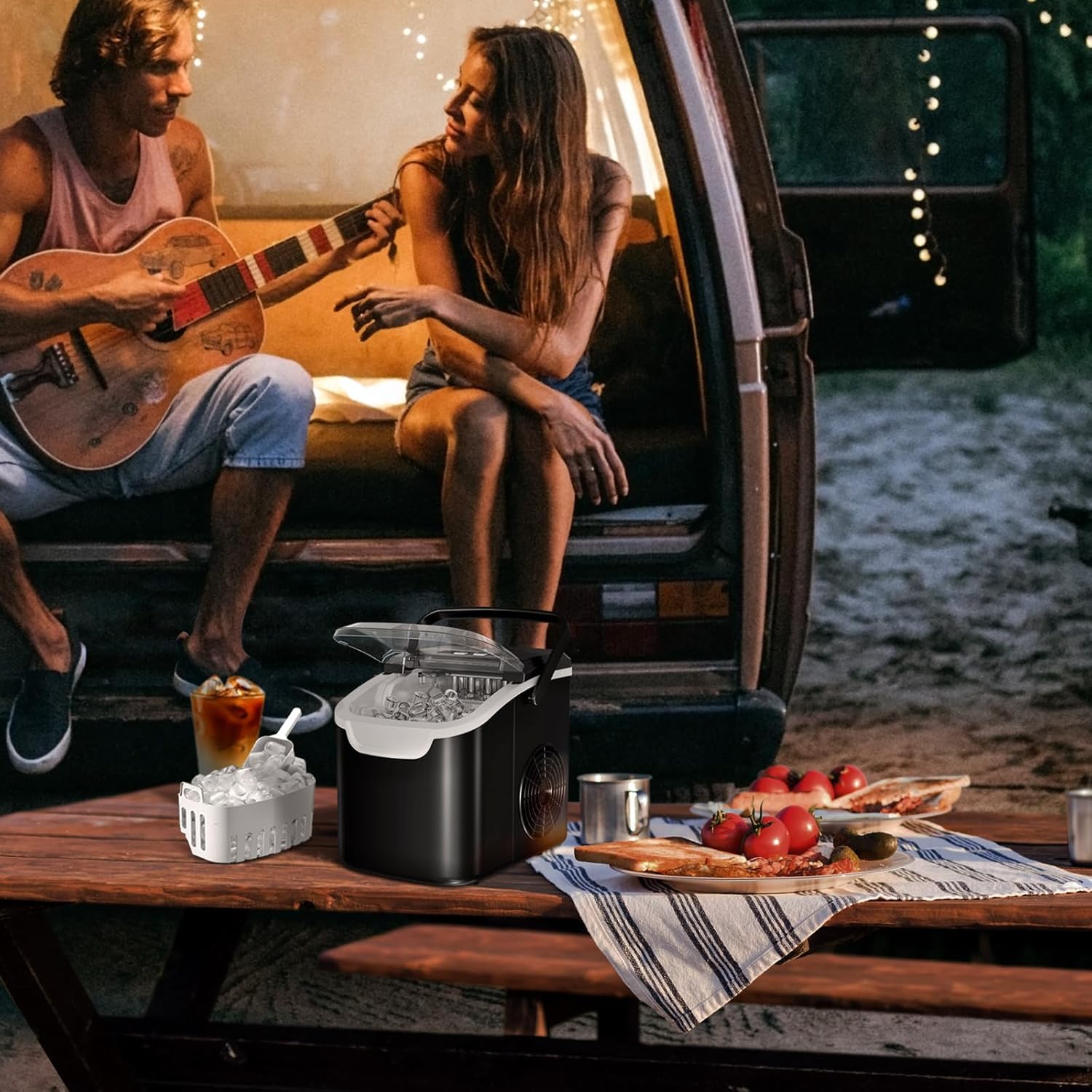 Demonstrates the product's versatility for outdoor entertainment and camping scenarios, showing how it enhances social gatherings and outdoor experiences.