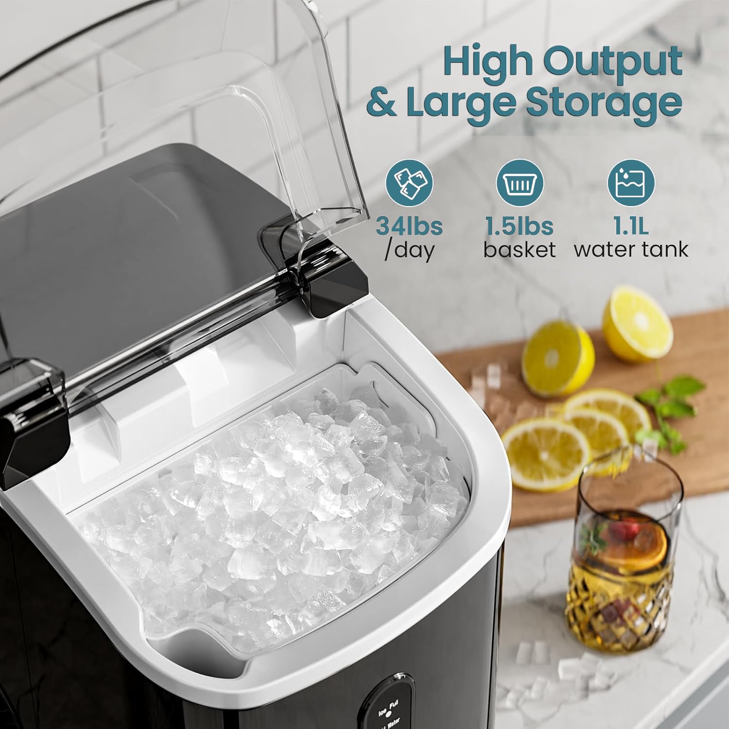 Highlights the high ice production rate and large storage capacity of the ice maker to demonstrate its efficiency and convenience for users.