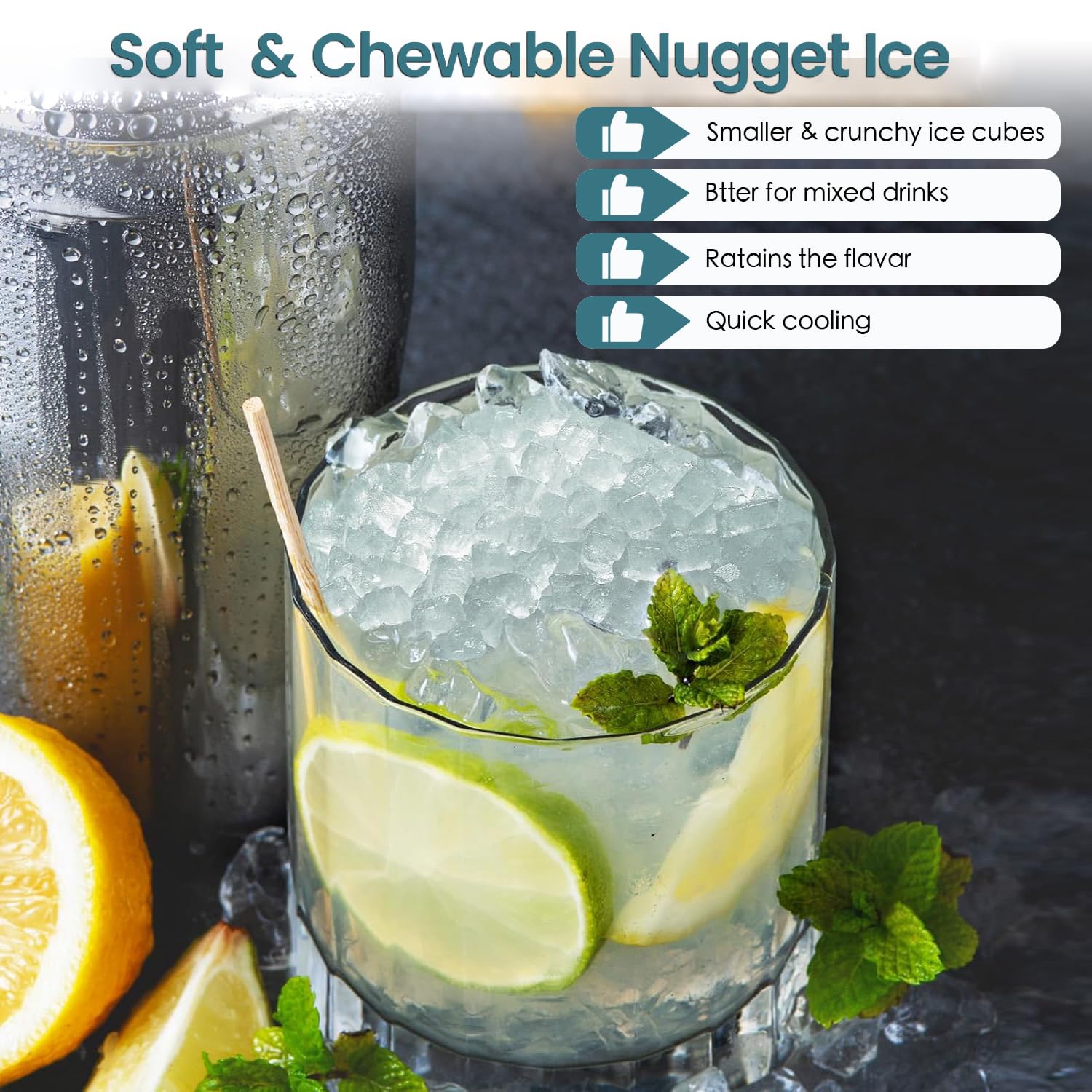 Highlights multiple benefits of nugget ice for mixed drinks, emphasizing its soft texture, chewable nature, and superior cooling properties.
