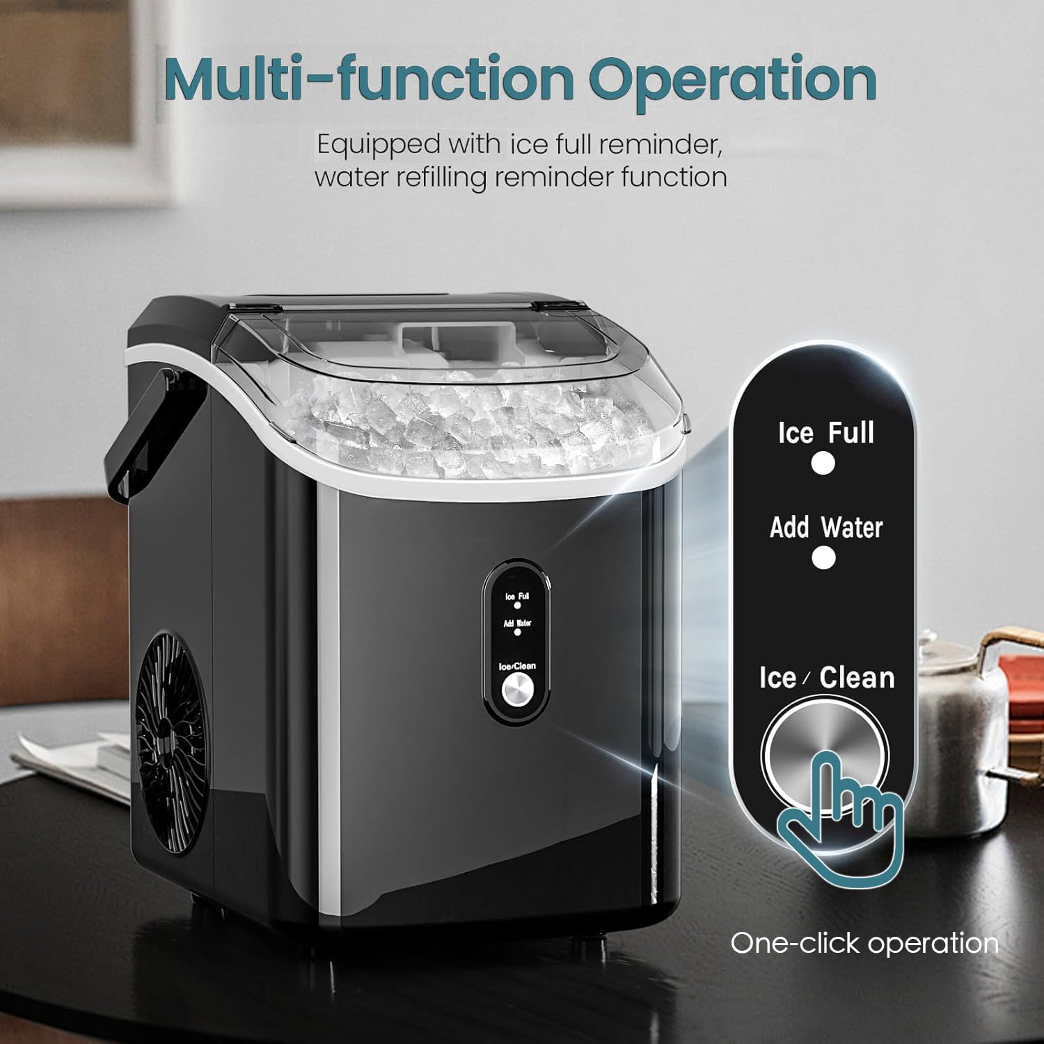 Highlights the multiple convenient features of the ice maker, including reminders for ice and water levels, and easy one-touch operation.