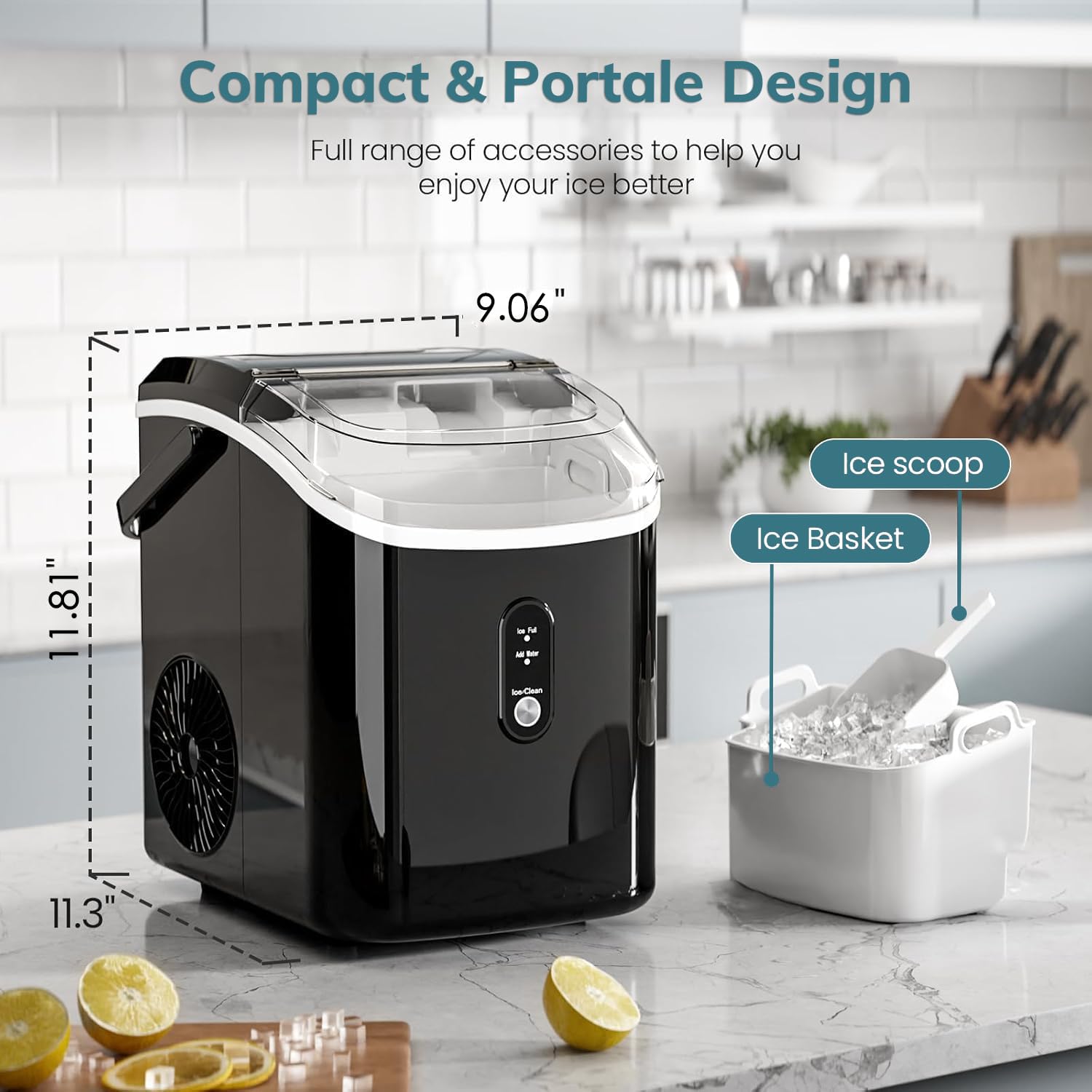 Demonstrates the product's small, space-saving dimensions to show it can fit easily on a countertop. Shows the additional accessories included with the ice maker to highlight its value and…
