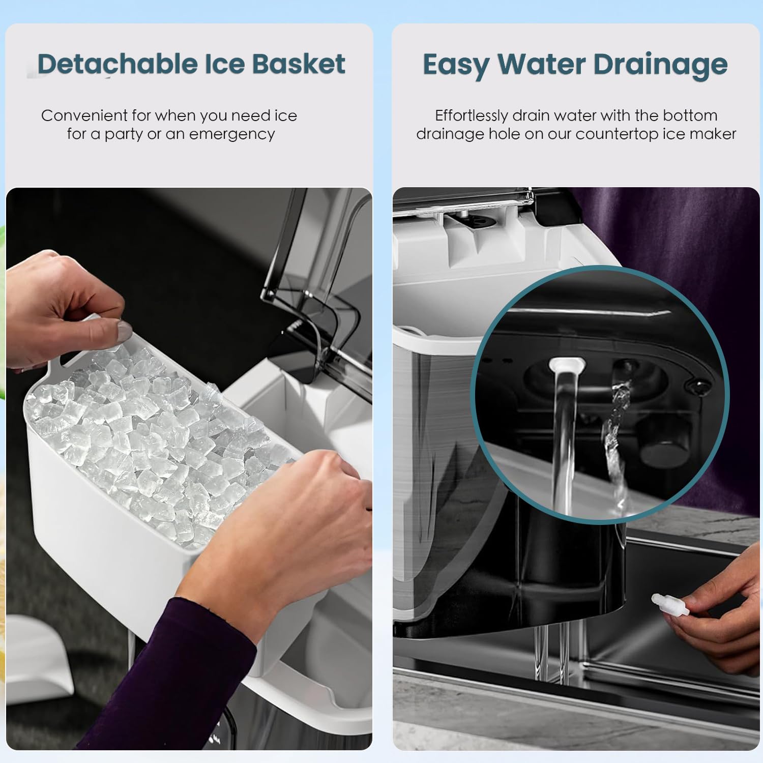 Highlights two key features of the ice maker: the convenience of a removable ice basket and the ease of draining water, demonstrating the product's user-friendly design.