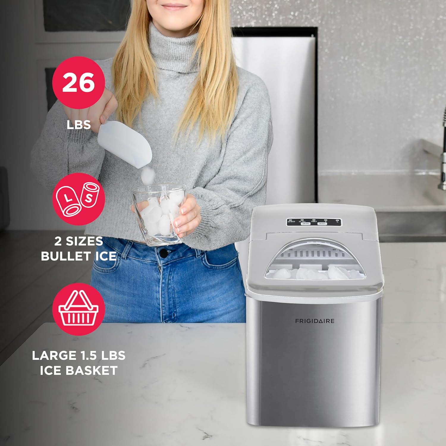 Highlights key features of the ice maker including its 26 lbs production capacity, 2 ice sizes, and large 1.5 lbs ice basket to demonstrate its versatility and efficiency.