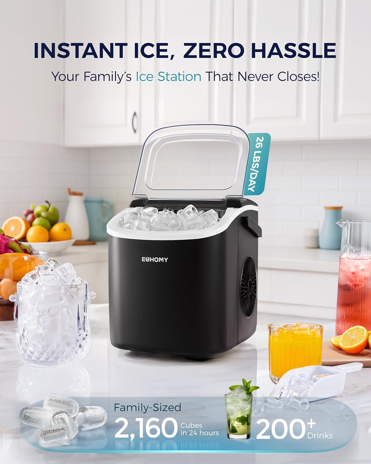 Highlights the product's ability to produce ice quickly and continuously, emphasizing its convenience for family use.