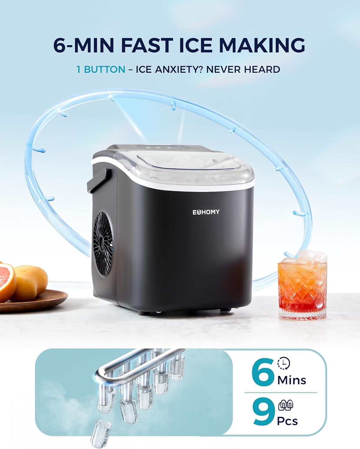 EUHOMY Countertop Ice Maker Machine with Handle: Infographics