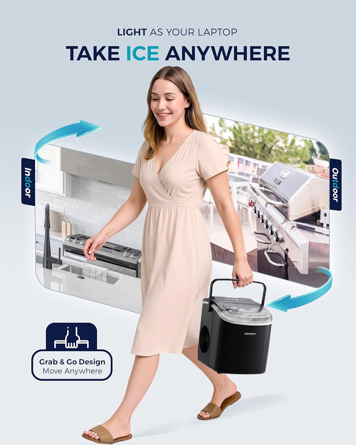 Demonstrates the versatility of the ice maker, showing it can be used both indoors in the kitchen and outdoors for activities like grilling. Emphasizes the product's lightweight and portable nature,…