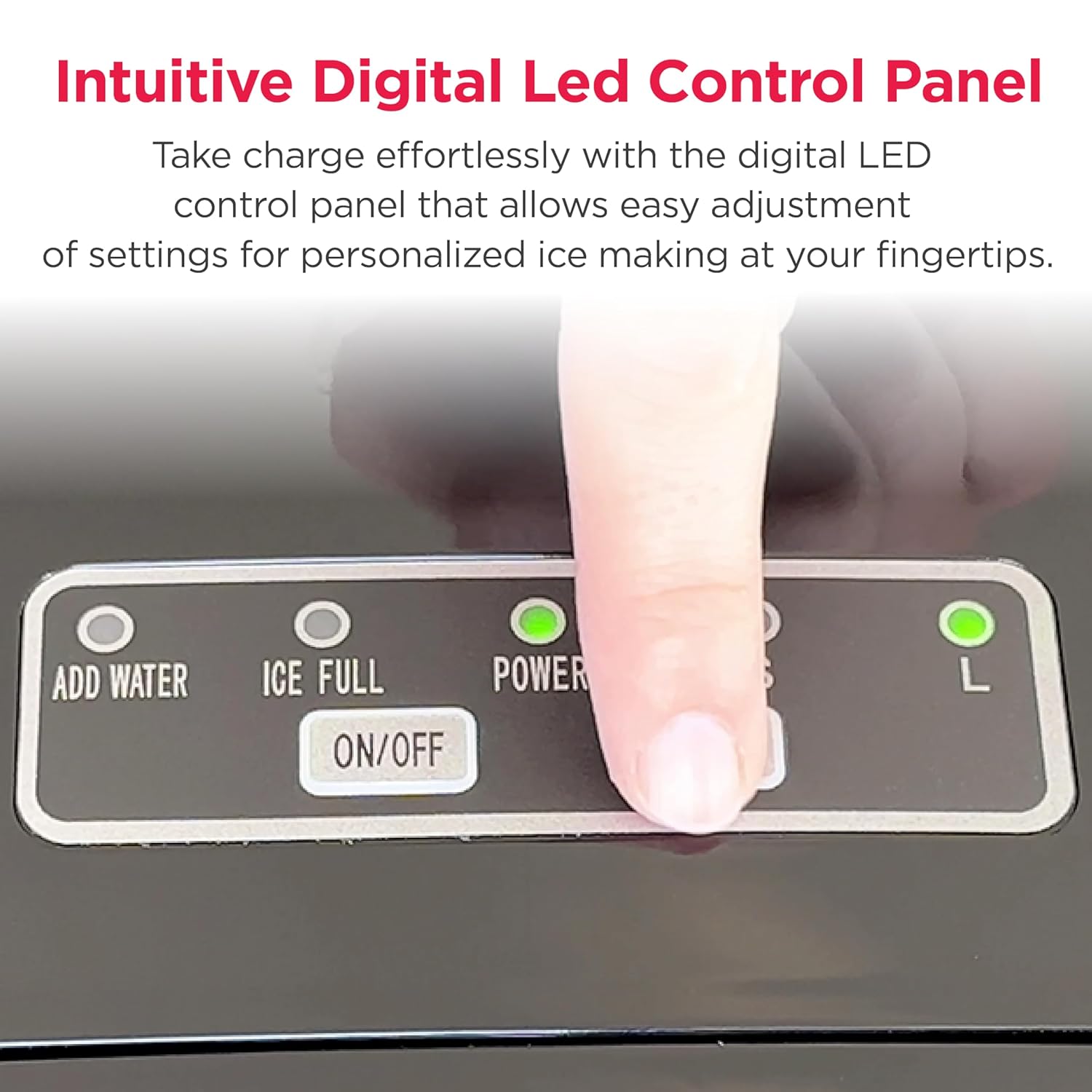 Highlights the easy-to-use digital LED control panel, emphasizing effortless operation and personalized ice making settings.