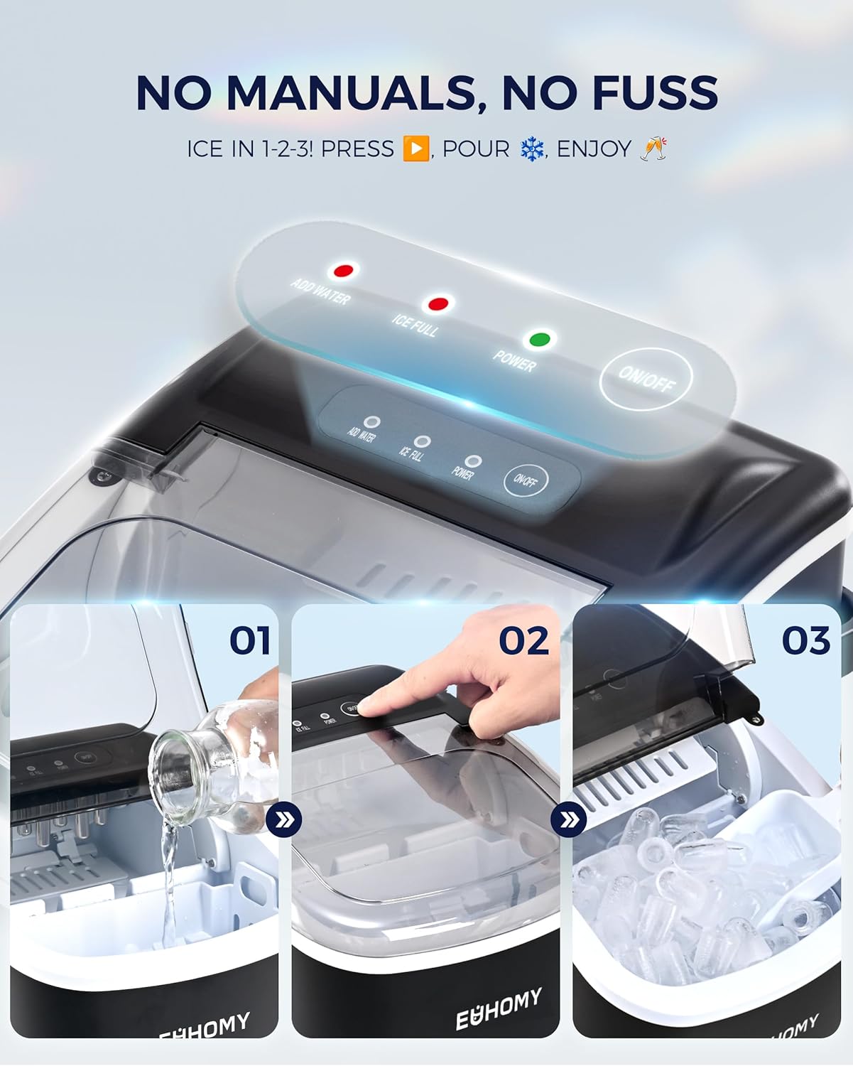 Demonstrates the simple 3-step process to make ice using the product, emphasizing its ease of use without needing manuals.