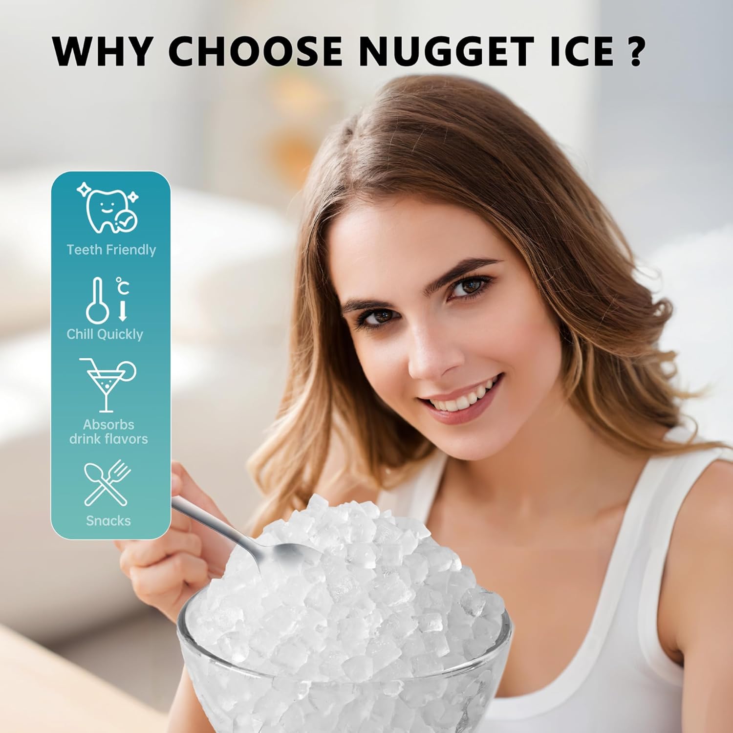 Highlights multiple benefits of Nugget Ice to show its versatility and advantages over regular ice.