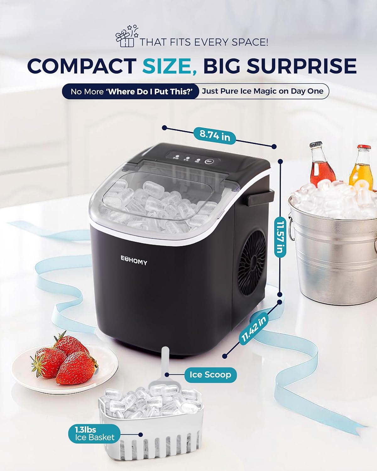 Demonstrates the product's small footprint and dimensions to show it can fit in various spaces easily. Emphasizes the ice maker's compact size as its key selling point, addressing potential space…