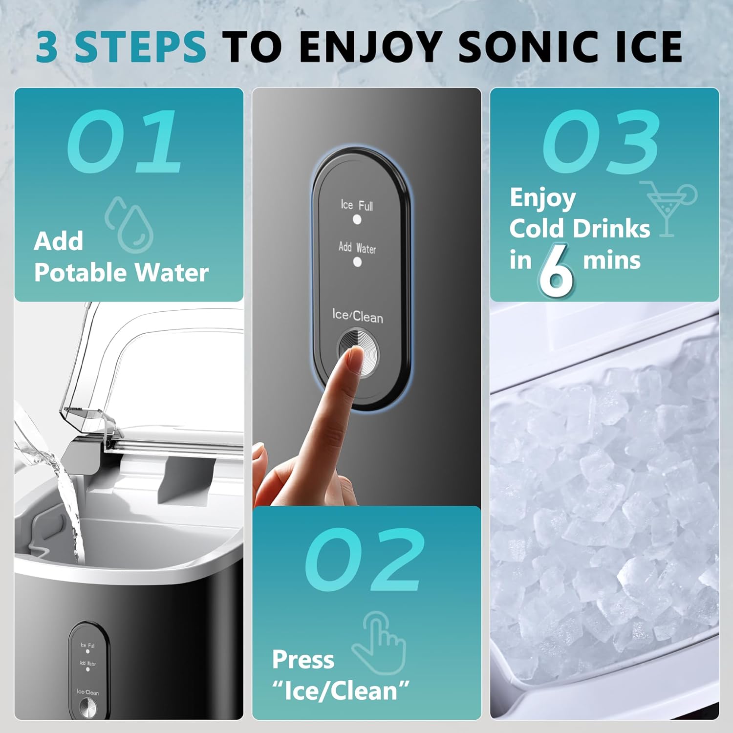 Demonstrates the simple 3-step process to use the Sonic Ice maker, emphasizing its ease of use and quick results.
