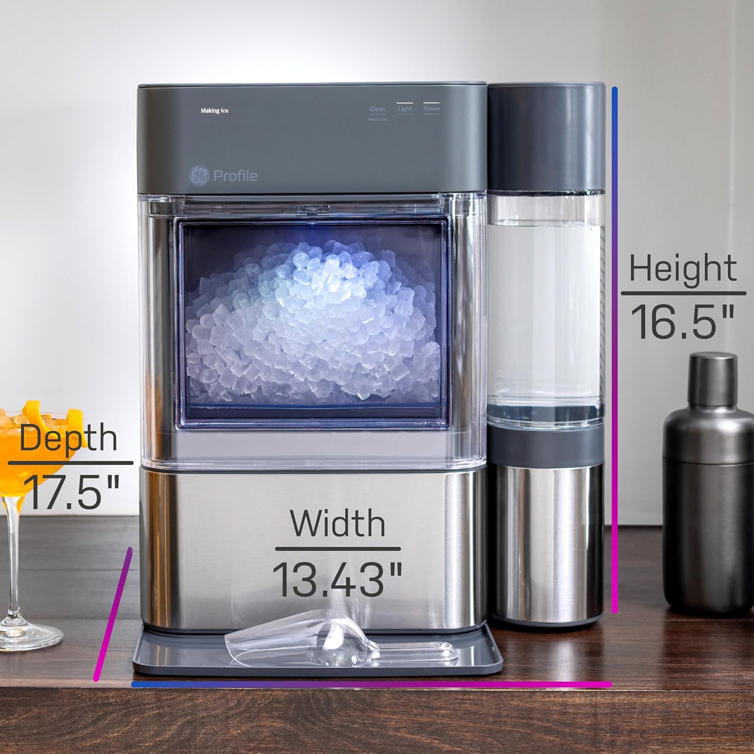 Provides exact measurements of the ice maker to help customers understand its physical size and ensure it fits in their intended space. Showcases the ice maker in action, demonstrating its primary…