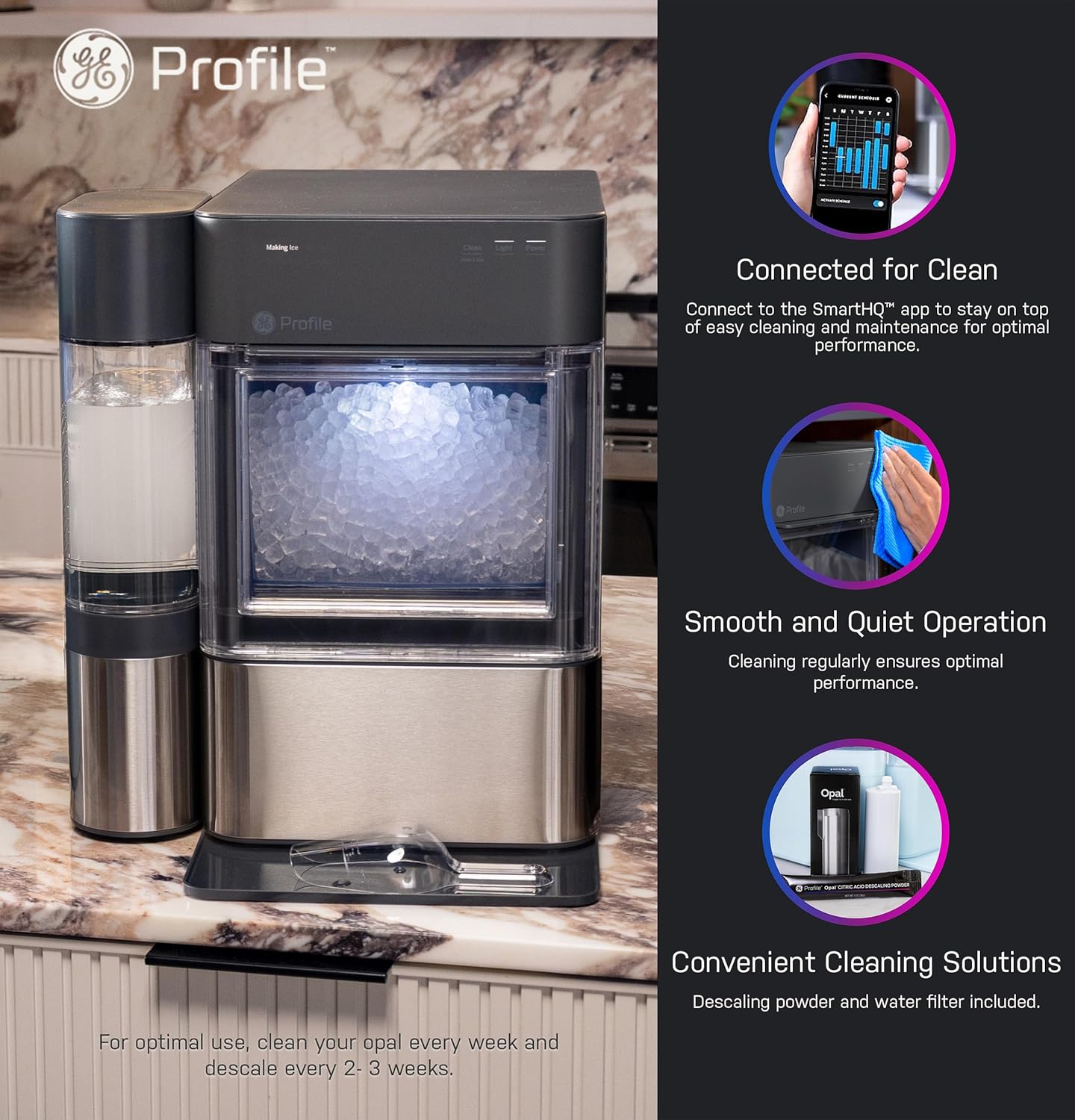 Highlights multiple features of the ice maker, including app connectivity, quiet operation, and convenient cleaning solutions, to showcase its overall ease of use and maintenance.