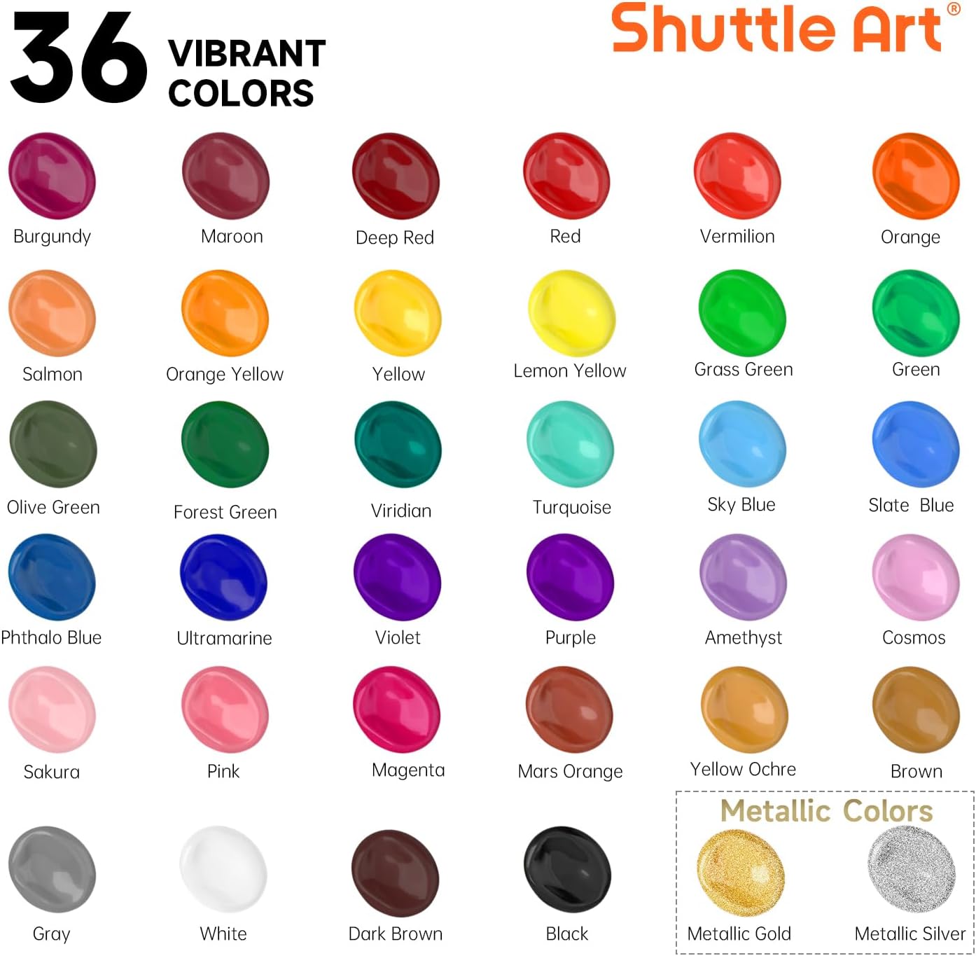 Showcases the wide range of 36 vibrant colors available in the product line to appeal to customers looking for diverse color options.
