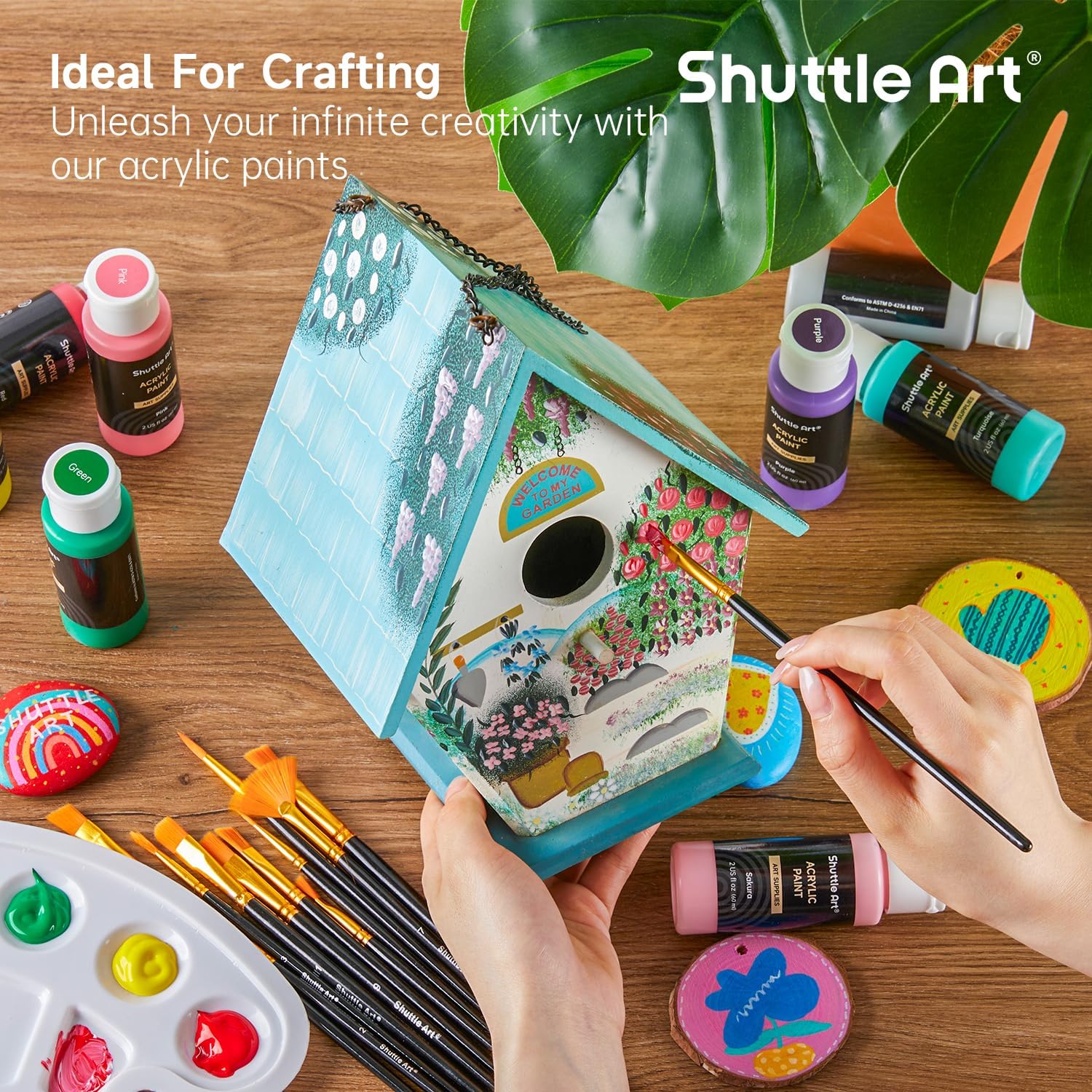 Showcases the versatility of the acrylic paints for various crafting projects, encouraging creative use. Highlights multiple uses of the product for different crafting applications, emphasizing its…