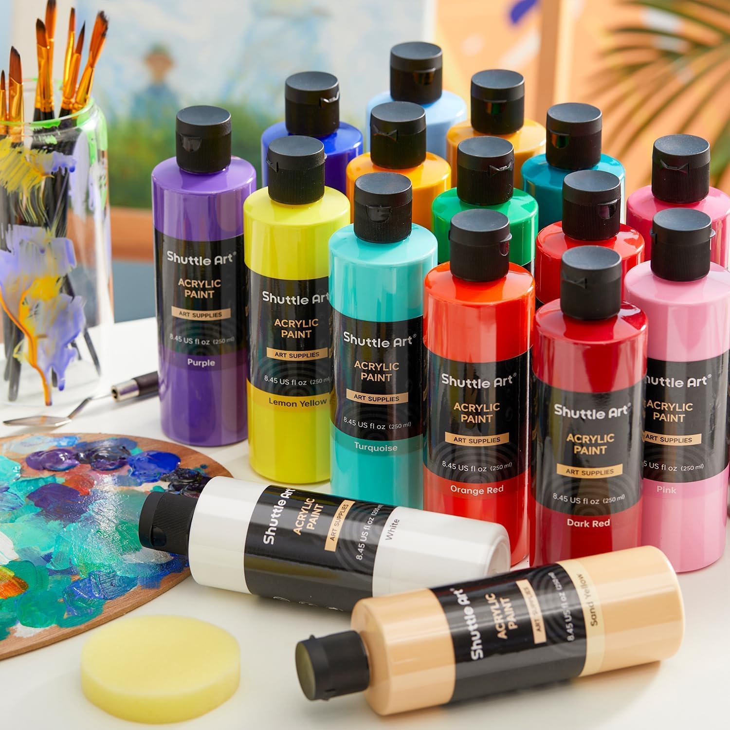Showcases the full range of colors included in the acrylic paint set, demonstrating the variety and value to potential buyers.