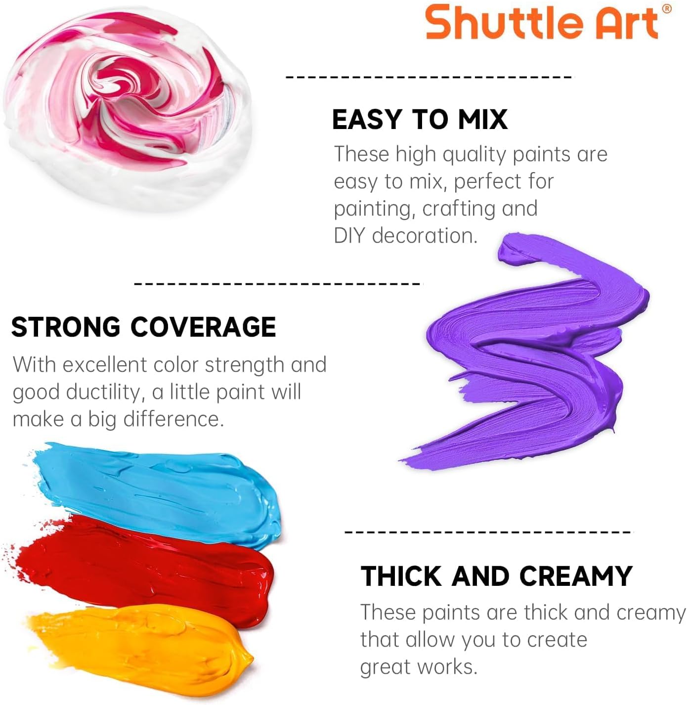 Highlights multiple key features of the paint product to demonstrate its quality and versatility for various artistic applications.