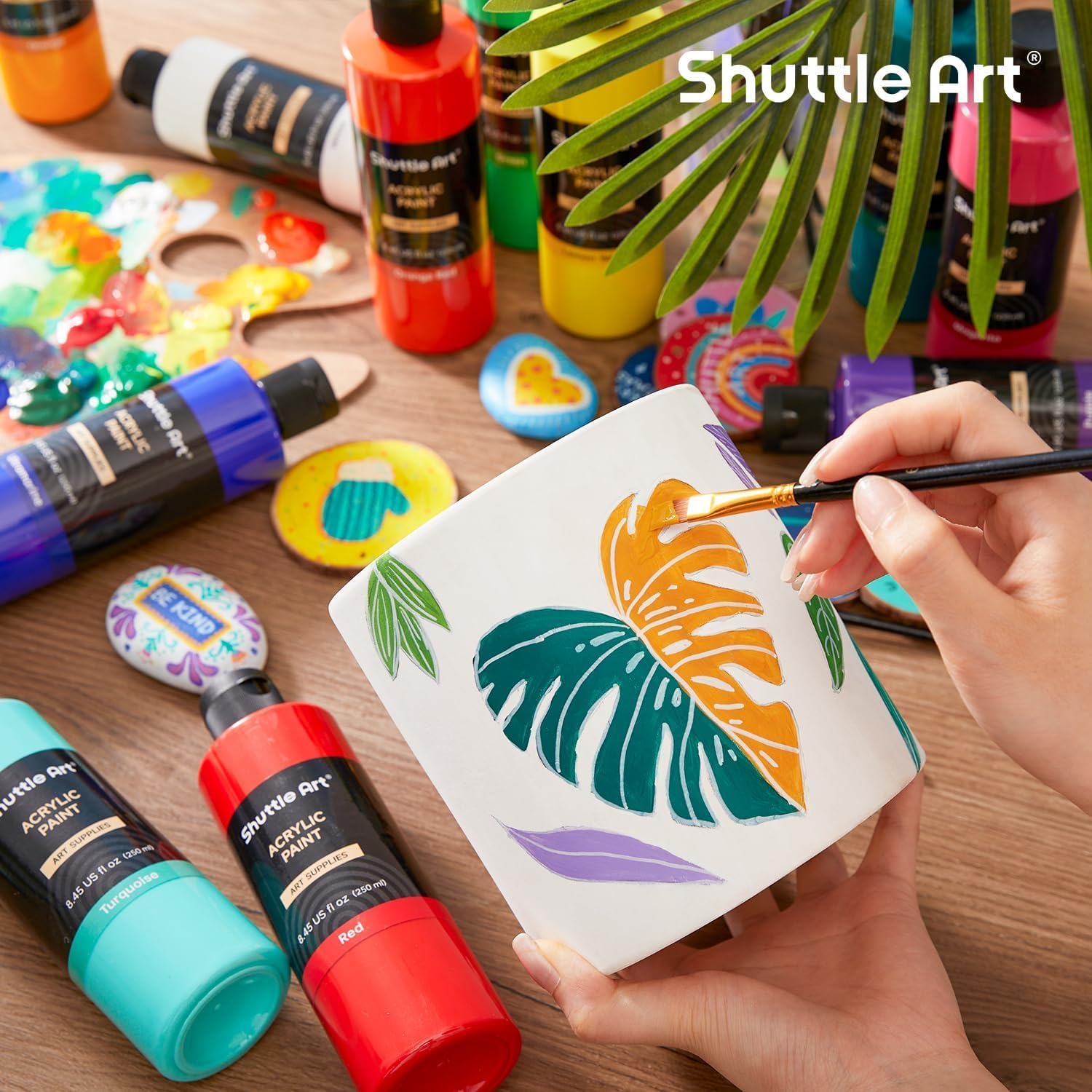 Demonstrates the variety of creative projects possible with Shuttle Art acrylic paints, from canvas painting to rock art.
