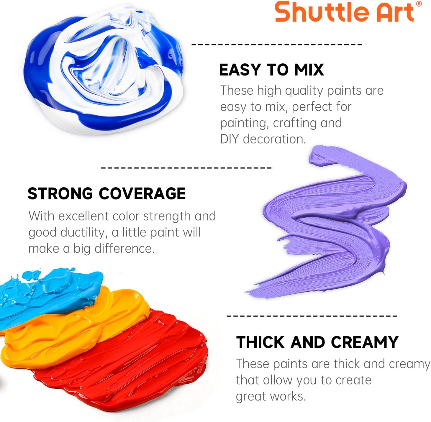 Highlights multiple key features of the paint product to demonstrate its quality and versatility for various painting projects.