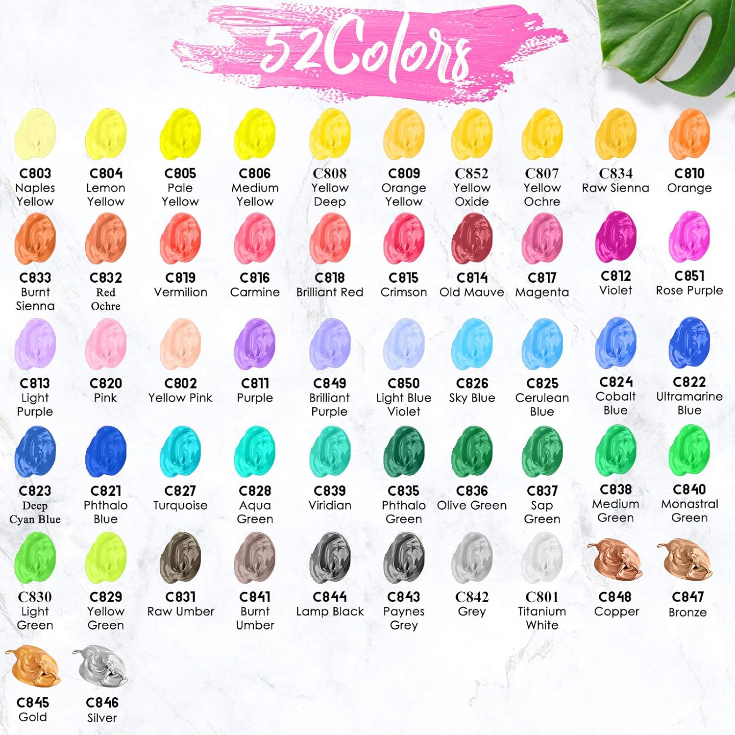 Showcases the wide variety of 52 colors available in the product line, allowing customers to see the full spectrum of options at a glance.